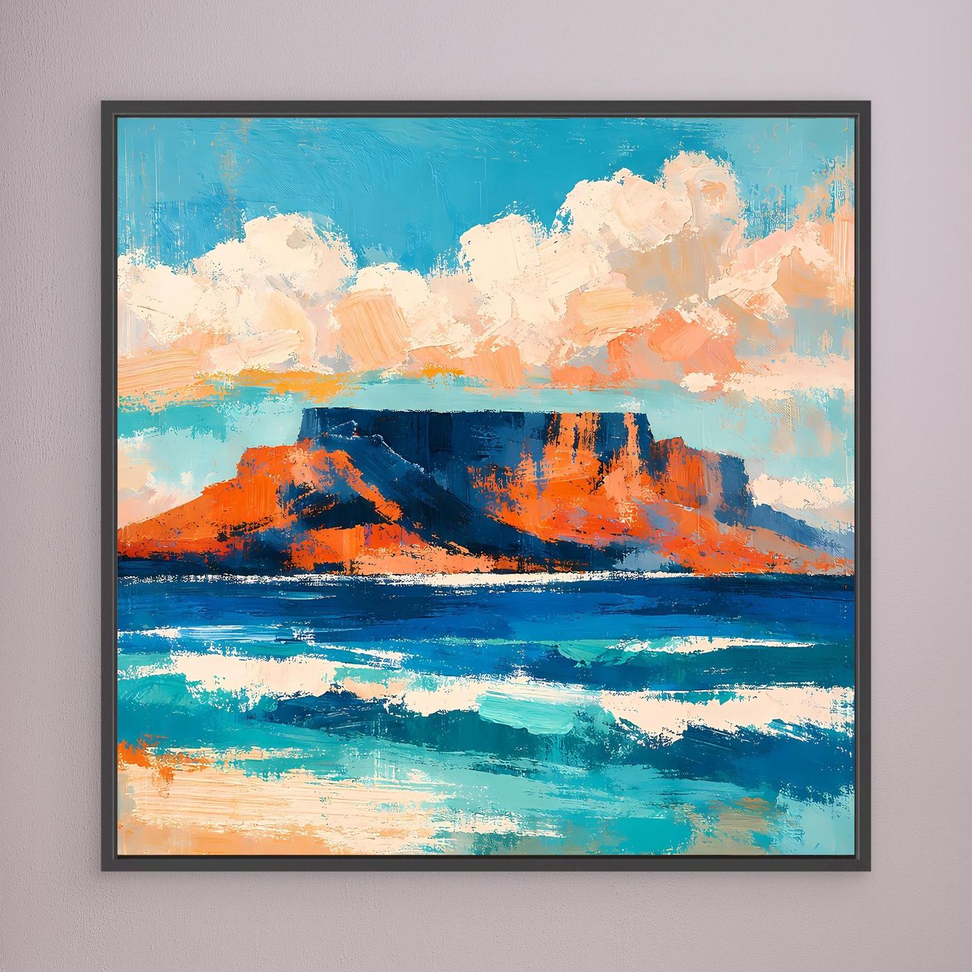 Abstraktes Leinwand-Wandbild mit Meer, Küste und Bergen, dunkel gerahmt
