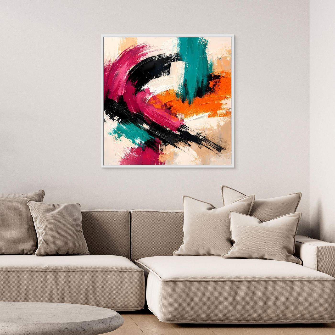 Wandbild mit abstrakten Pinselstrichen in Pink, Türkis und Orange, heller Rahmen