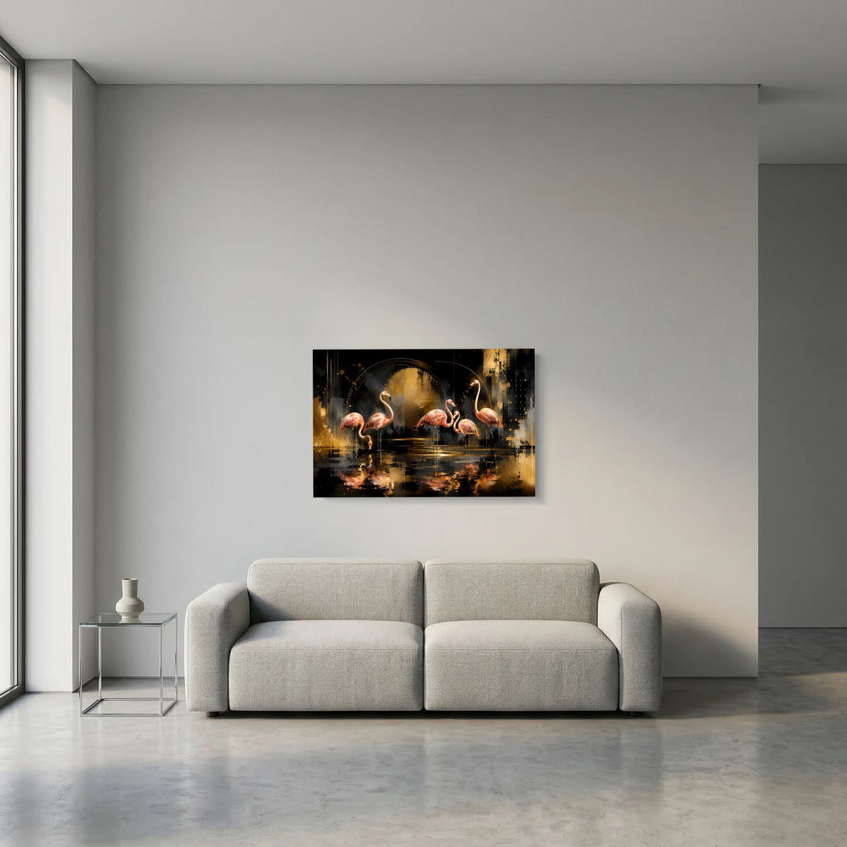 Kleines Querformat-Poster mit abstrakten Flamingos in Rosa, Schwarz und Goldfarben