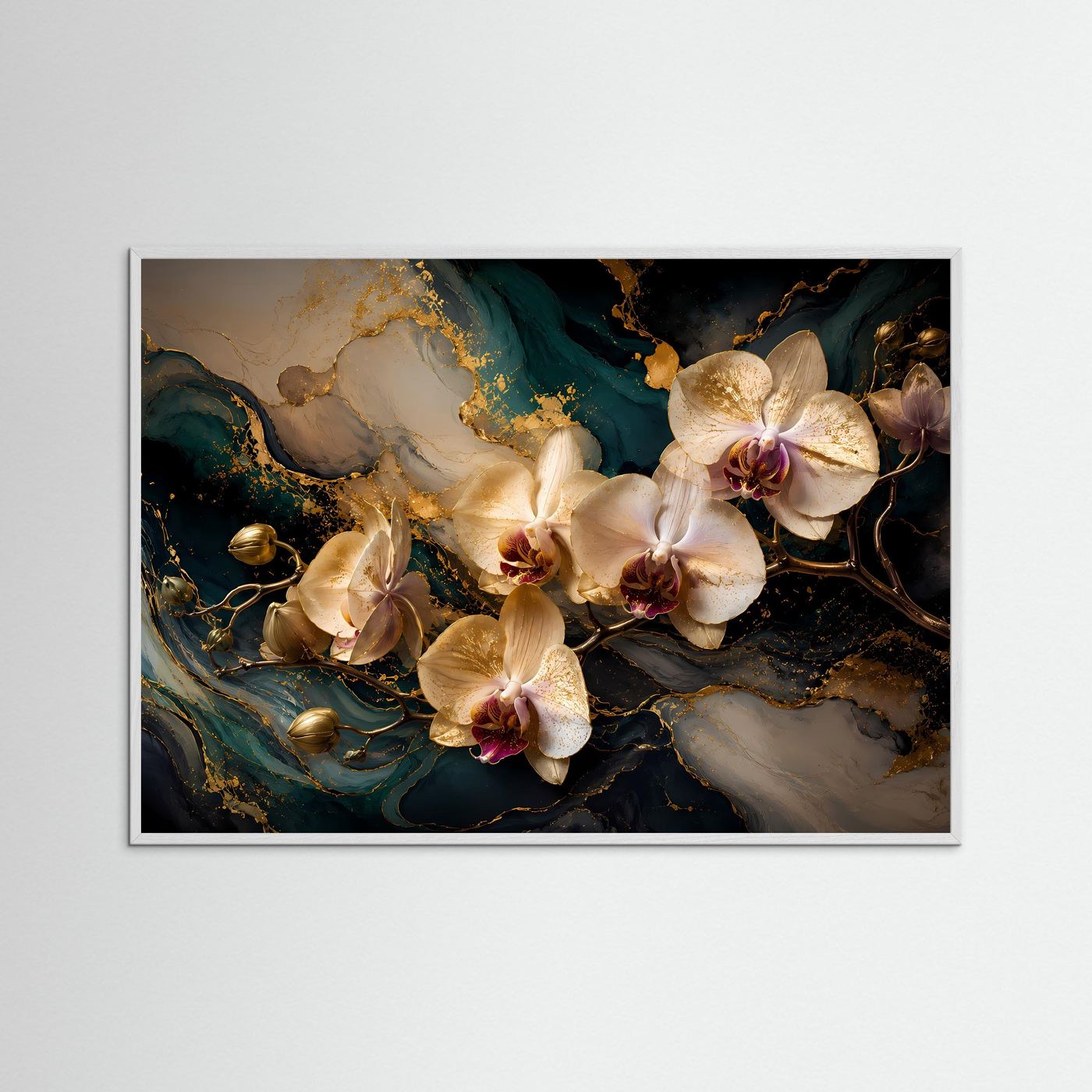 Gerahmtes Querformat-Poster mit beigen Orchideen, dunkelbrauner Holzrahmen