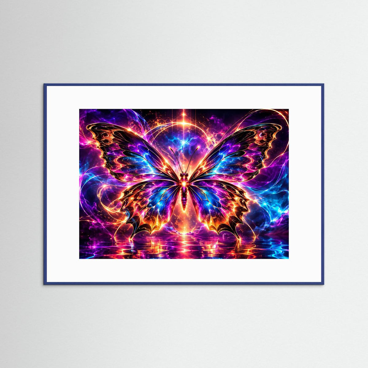 Neon-Schmetterling-Wandbild mit leuchtendem Schmetterling in Blau und Magenta, blauer Rahmen