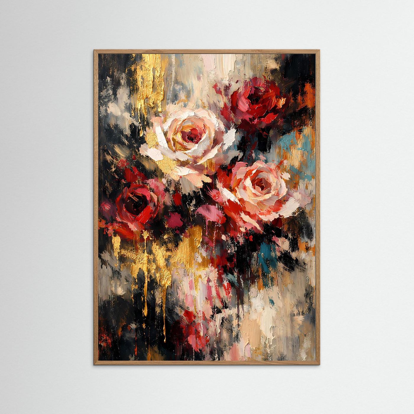 Hochformatiges Rosen-Kunstposter im braunen Holzrahmen, abstrakte Rosen in Rot und Creme