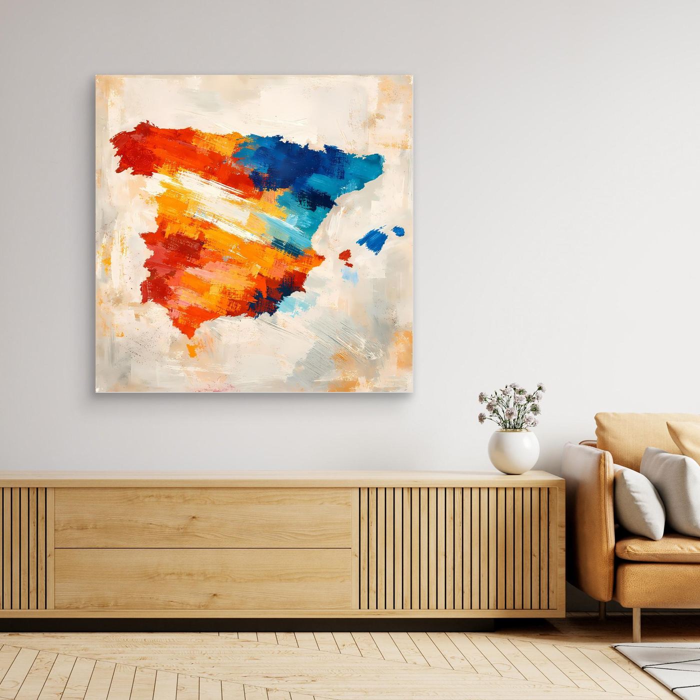Abstract Spain map canvas wall art, colorful brushstrokes on light canvas.