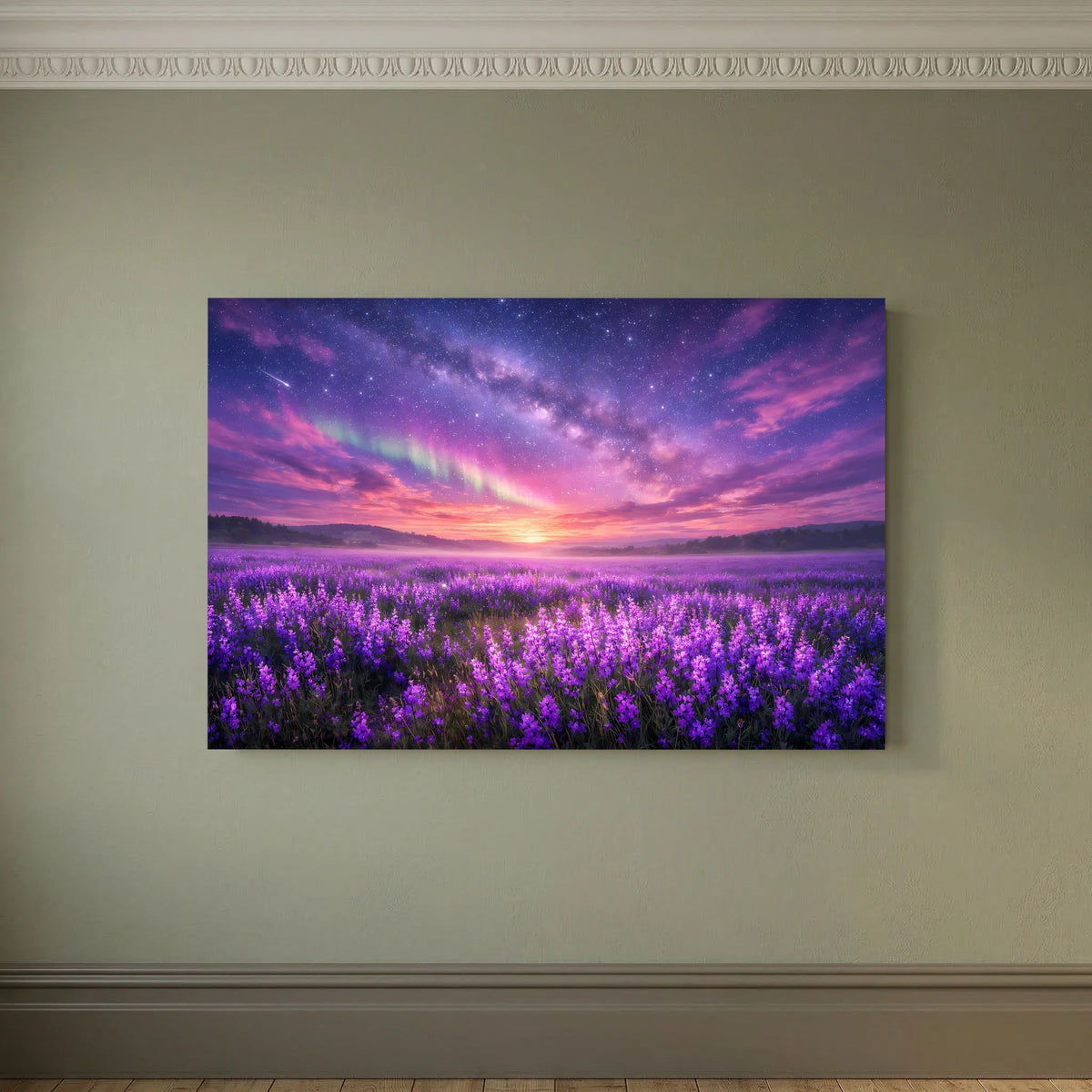 Lavendelfeld-Wandbild mit Sonnenuntergang und Sternenhimmel an heller Wand, Querformat