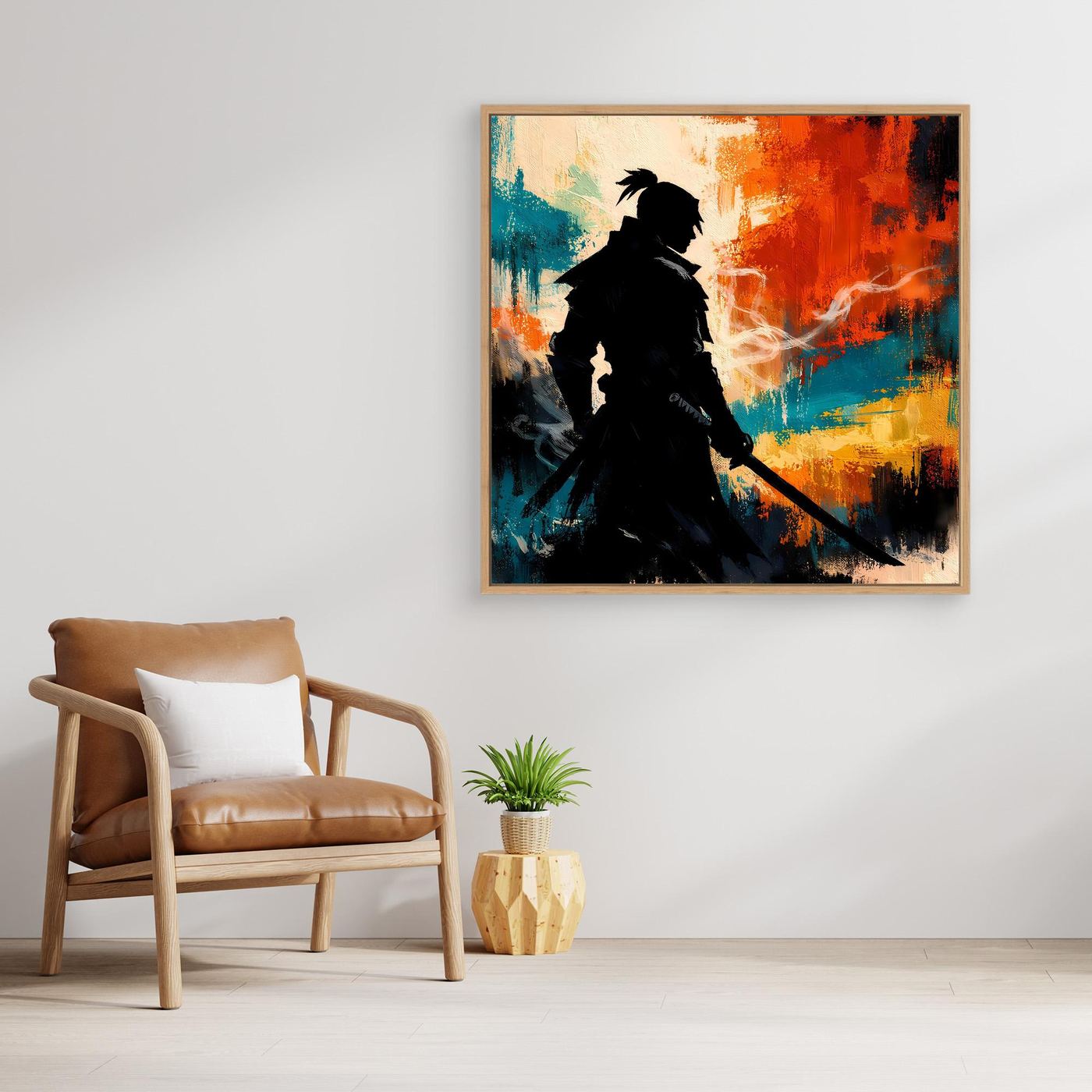 Gerahmtes Leinwand-Wandbild mit schwarzem Samurai und farbenfrohem abstraktem Hintergrund