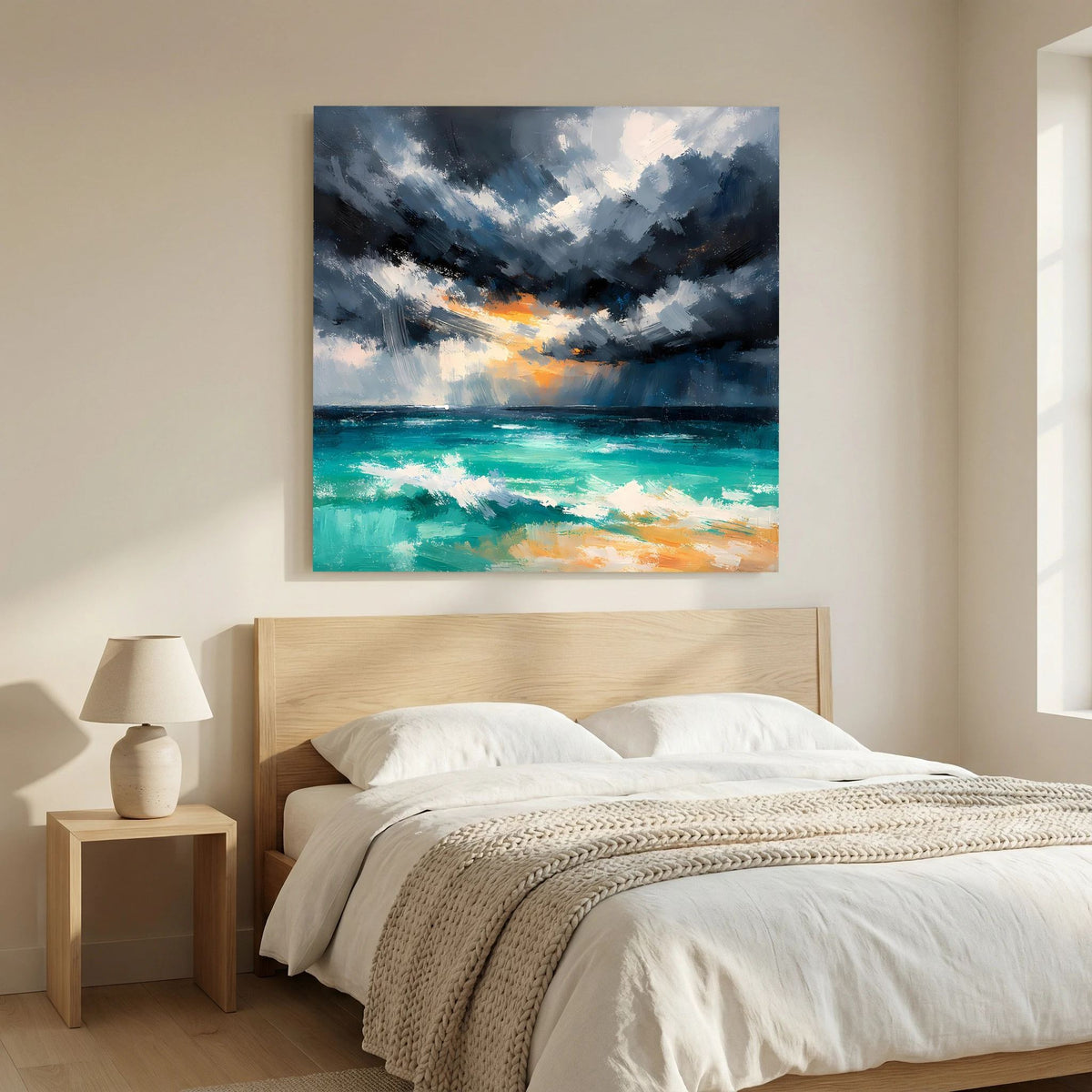 Abstraktes Wandbild mit Gewitterwolken und türkisgrüner Wasserfläche, orangefarbene Akzente