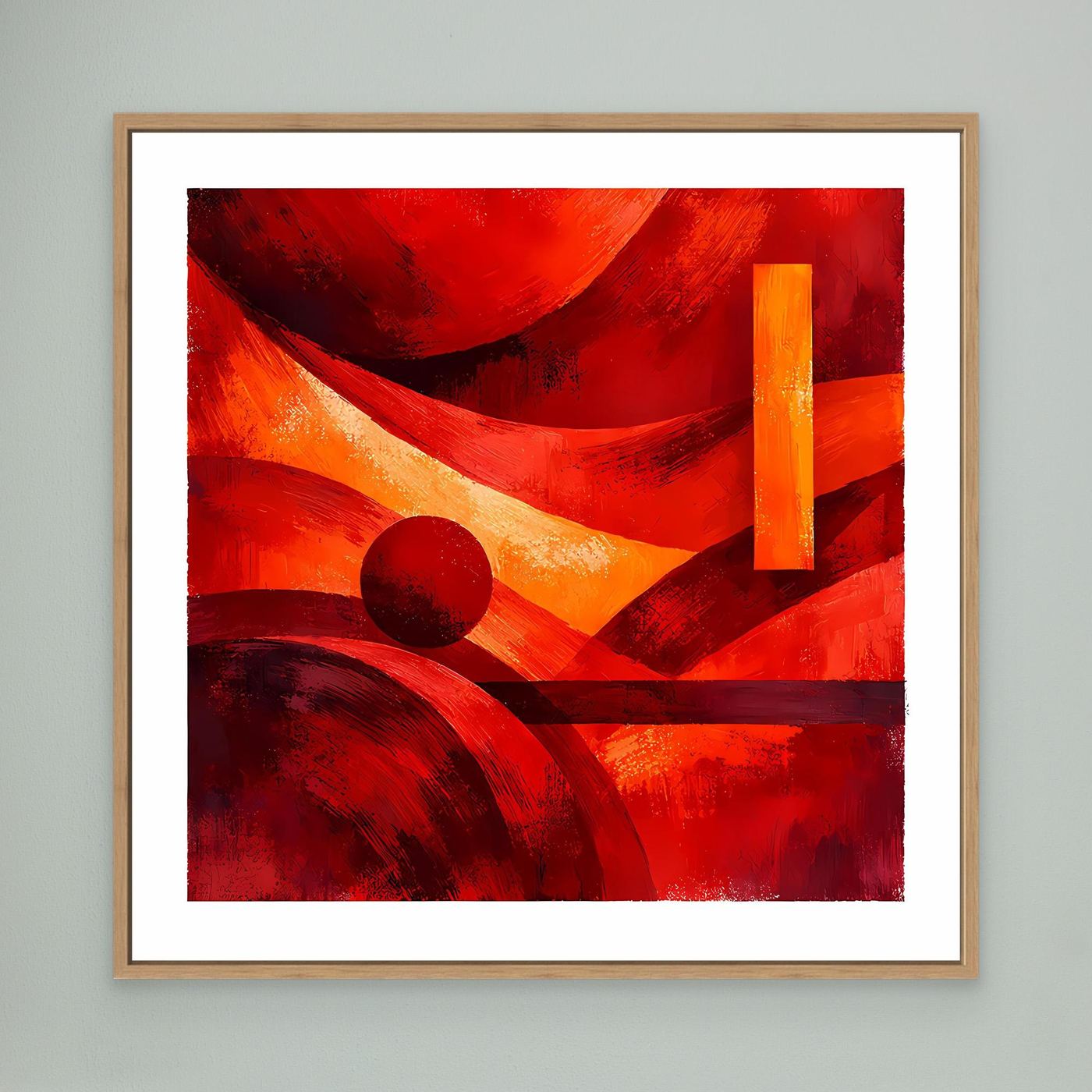 Leinwandbild mit abstrakten roten, orangefarbenen und schwarzen Formen, Holzrahmen
