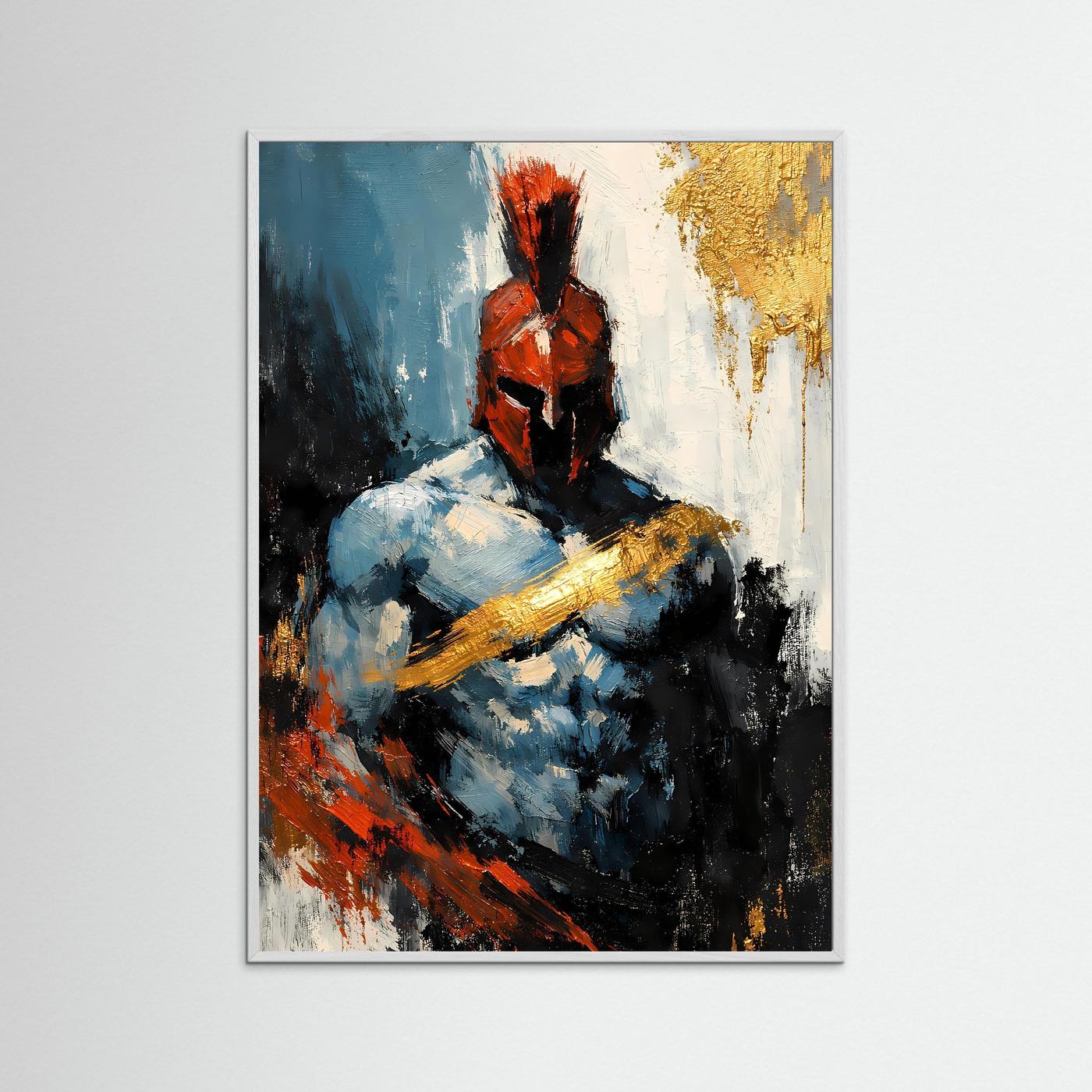 Kriegerposter im Hochformat mit weißem Holzrahmen: Gladiator hält ein Schwert, Blau, Rot, Gold