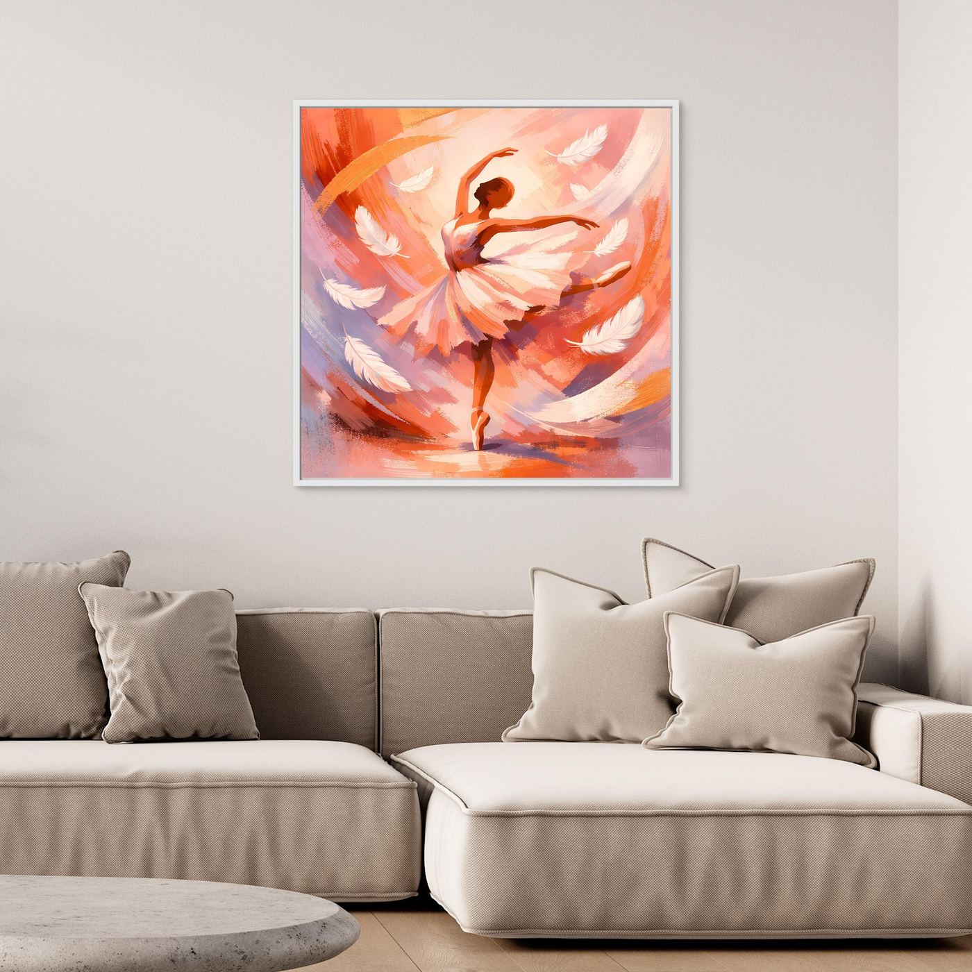 Abstraktes Leinwandbild mit Ballerina in warmen Orange- und Rosatönen, ohne sichtbaren Rahmen