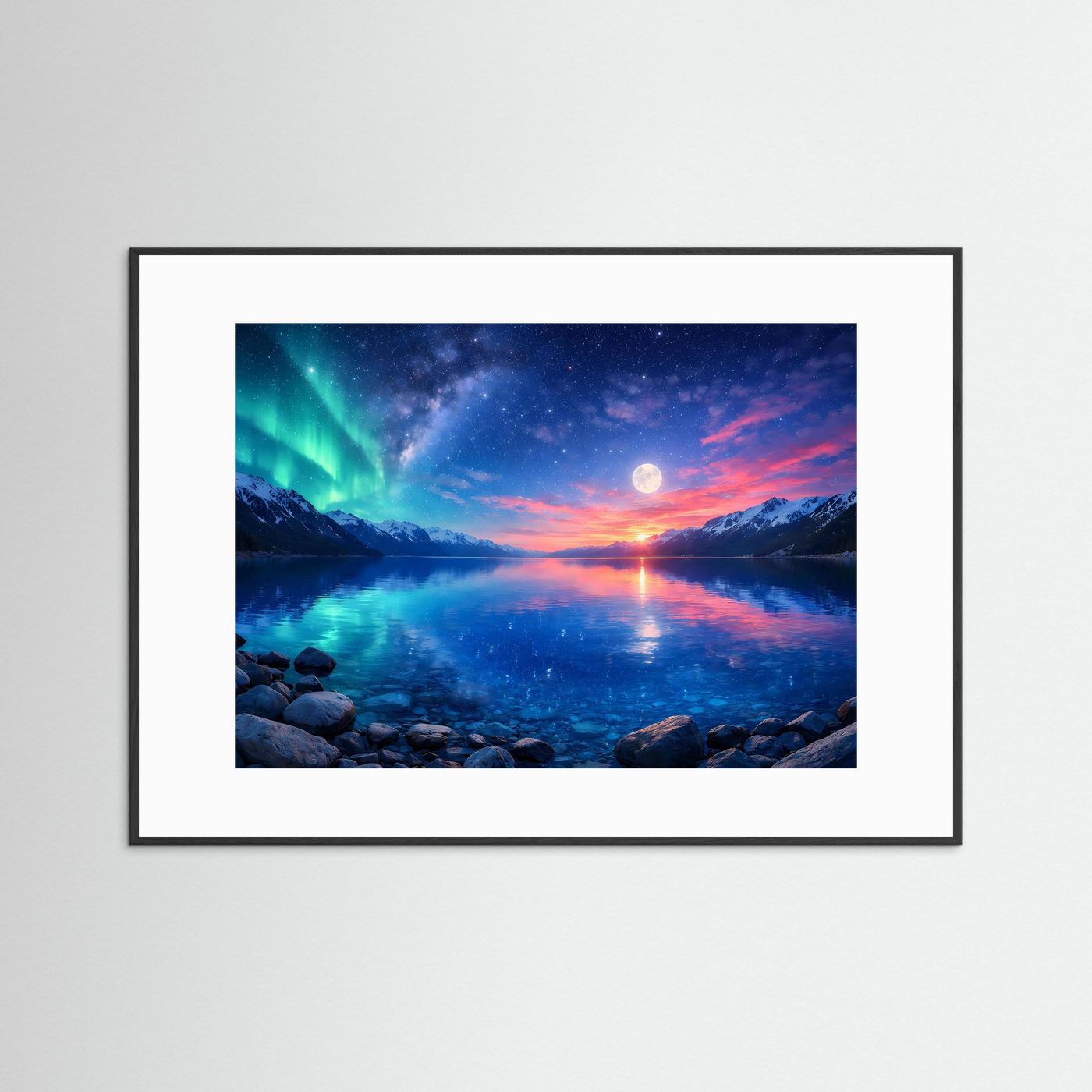 Wandbild mit Polarlicht über Mondsee, Berge und Steinufer, schwarzer Rahmen