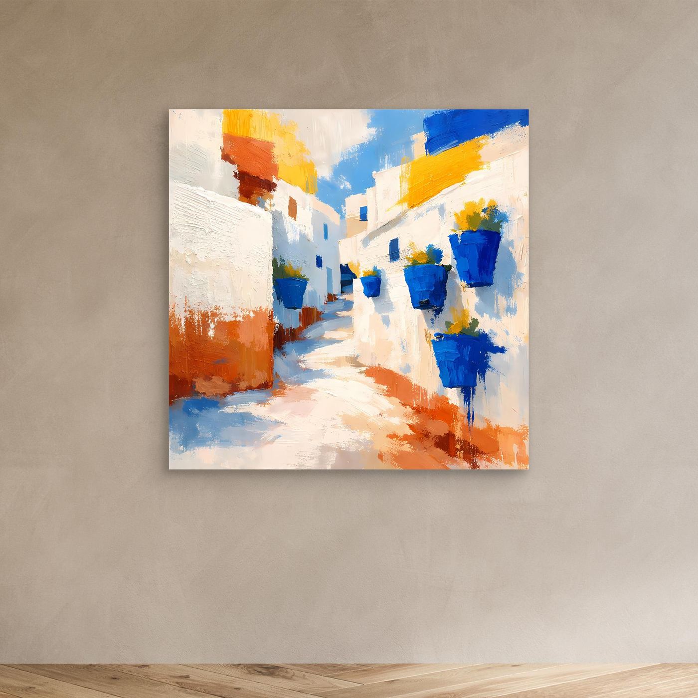 Leinwand Griechische Gasse mit blauen Blumentöpfen | Abstraktes Santorin Wandbild