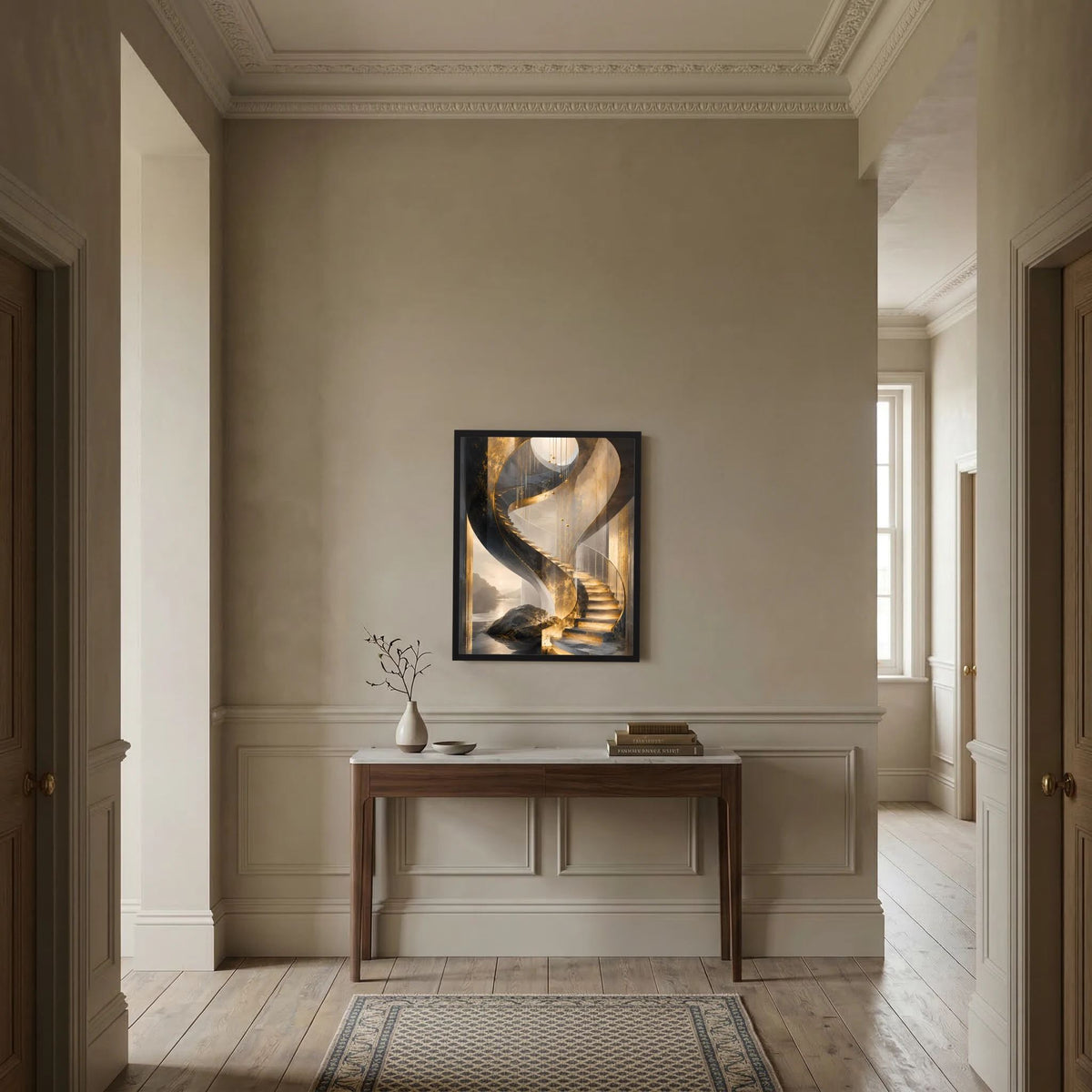 Gerahmtes Hochformat-Poster mit goldener Wendeltreppe in Schwarz und Creme, vertikale Ansicht