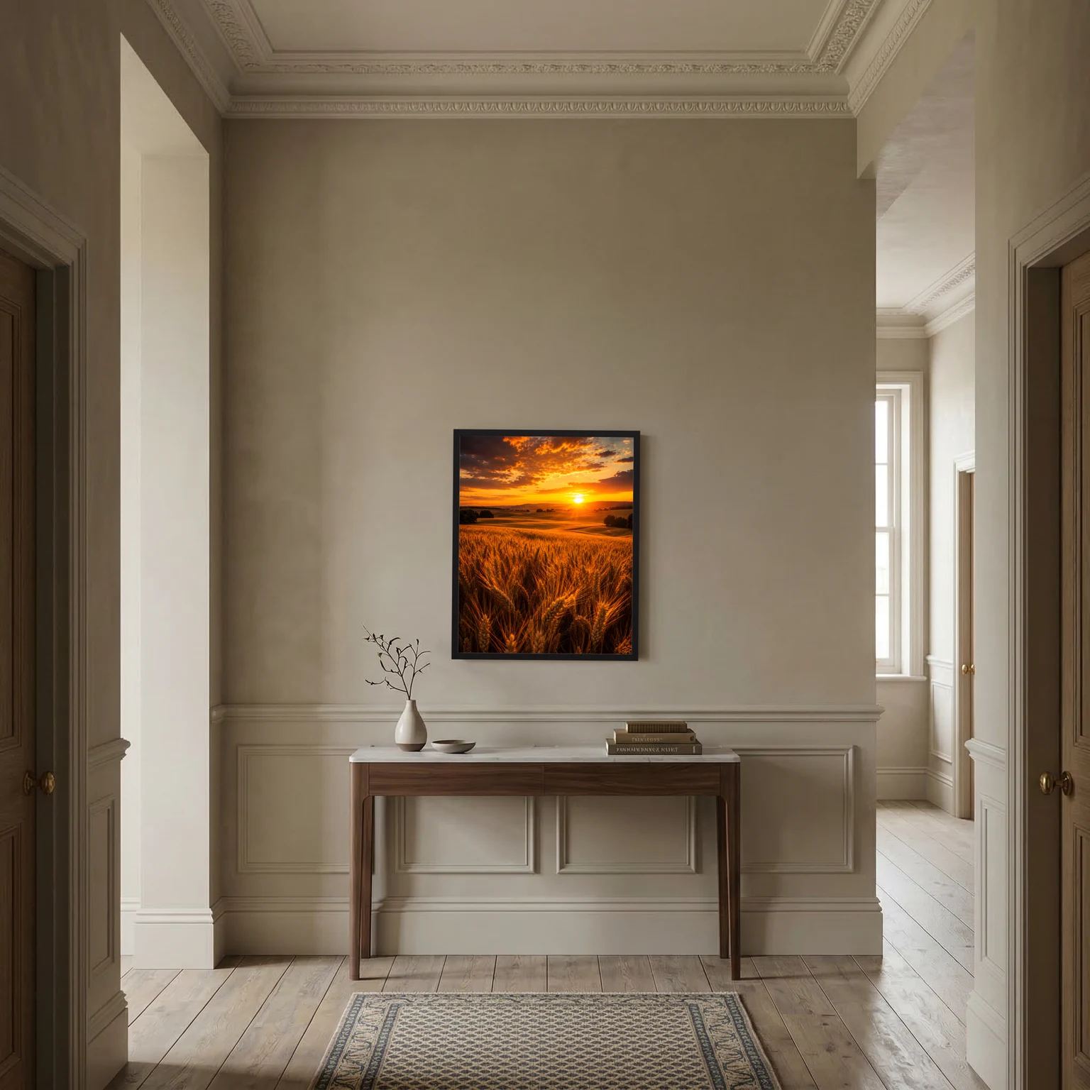 Wandposter mit goldenem Weizenfeld und Sonnenuntergang im schwarzen Rahmen, hochkant