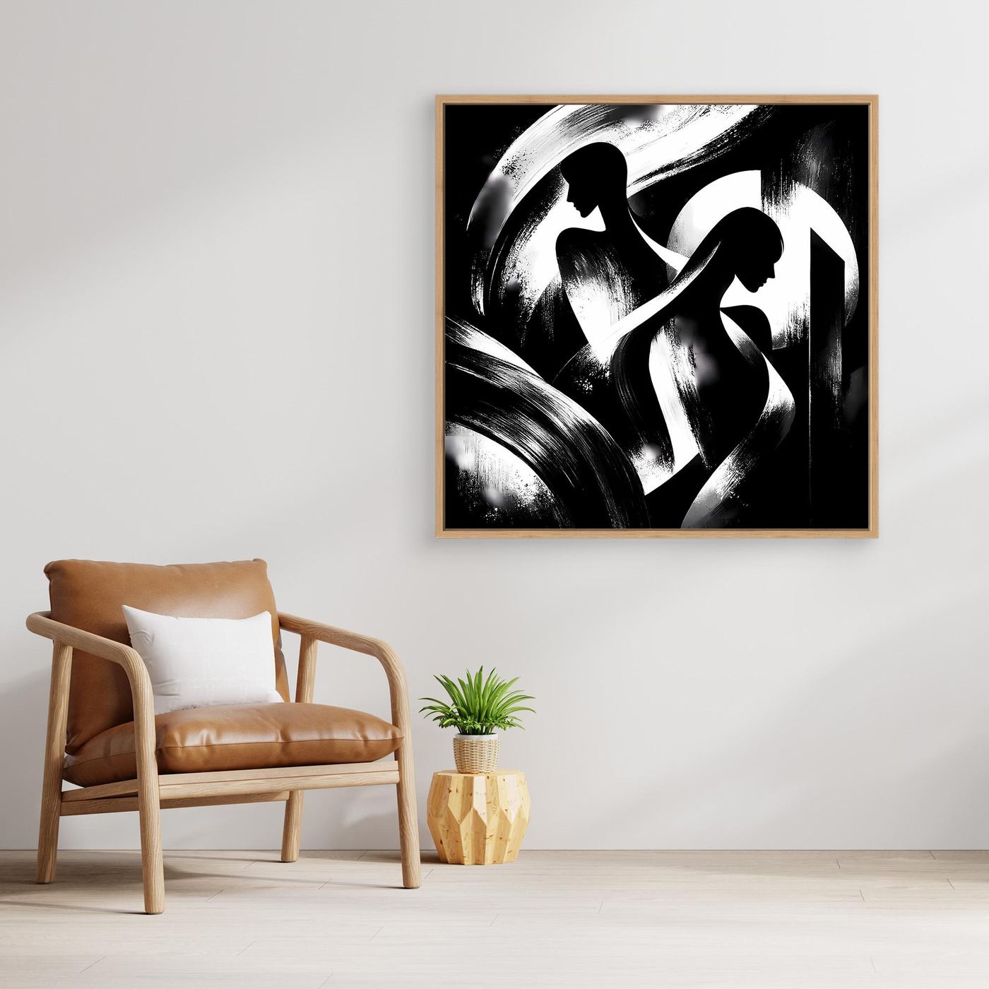 Wandbild auf Leinwand mit schwarz-weißen abstrakten Silhouetten, Holzrahmen hell
