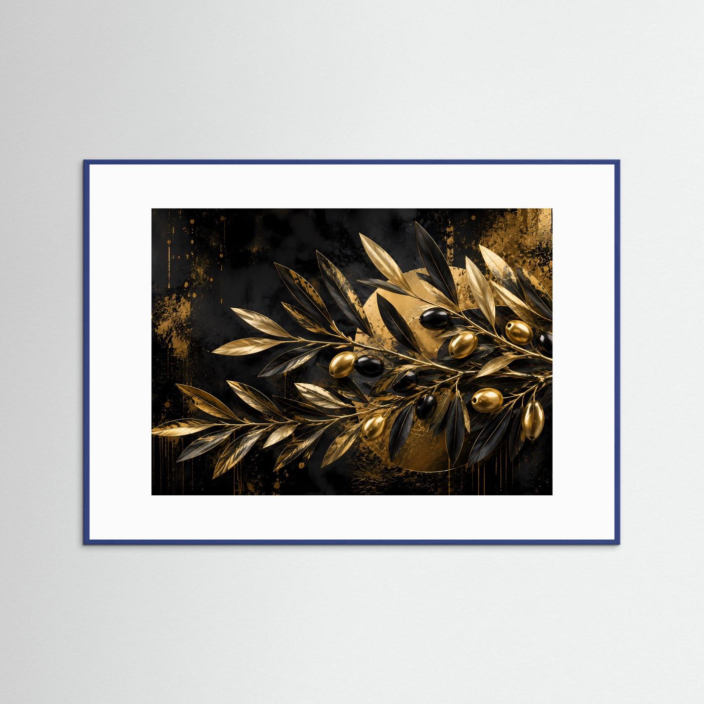 Querformat-Poster mit goldenem Olivenzweig auf dunklem Hintergrund, blauer Rahmen