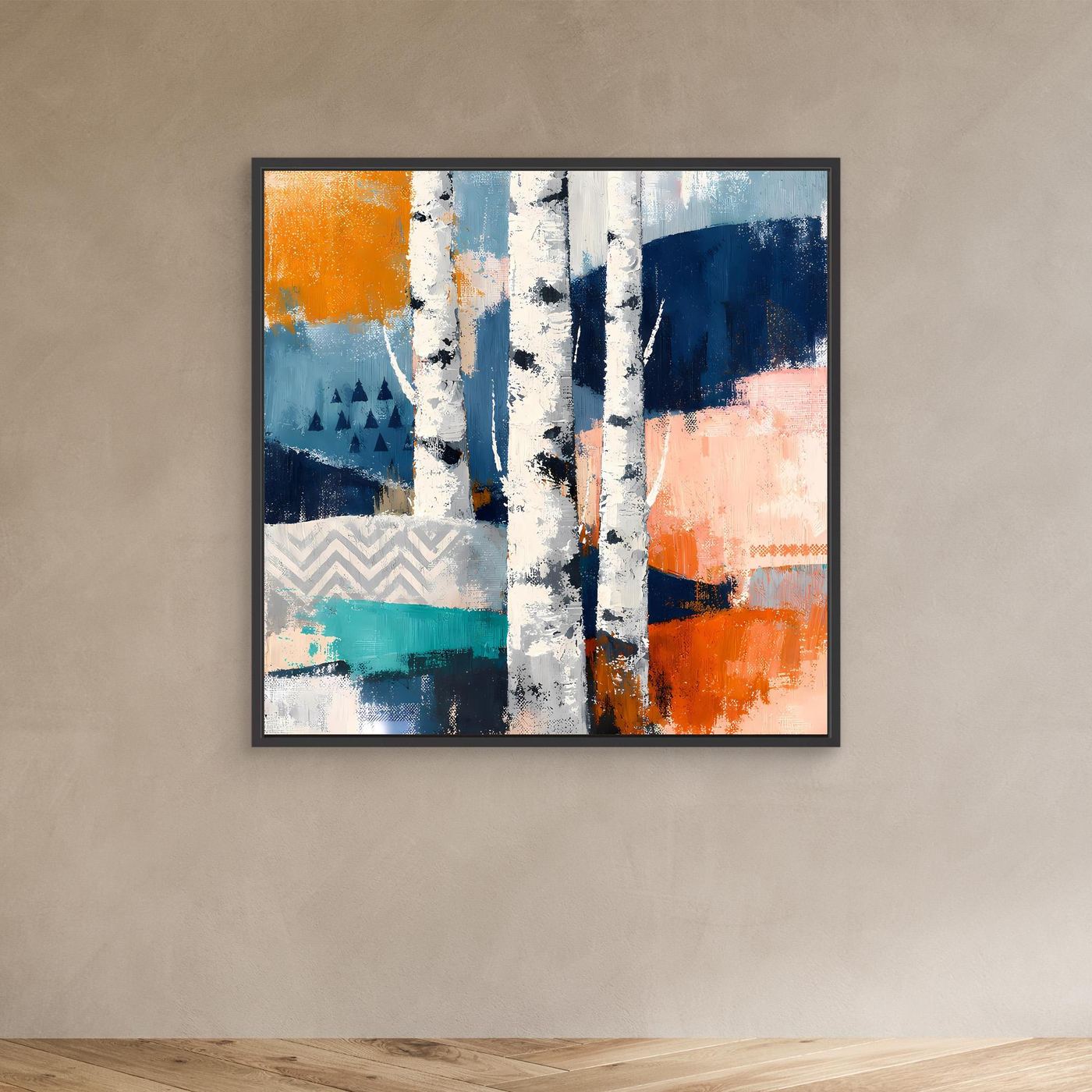 Abstraktes Leinwandbild Birkenwald-Motiv mit schwarzem Rahmen, orange-blau und Birkenstämme