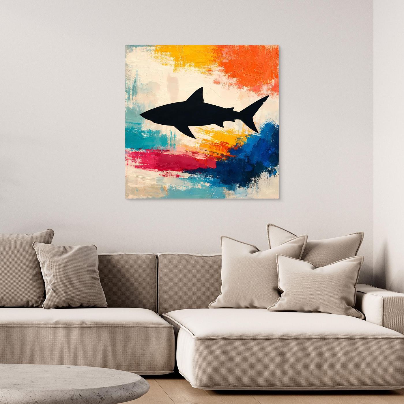 Leinwand Minimalistische Hai-Silhouette im Farbenmeer | Abstraktes Pop-Art Wandbild