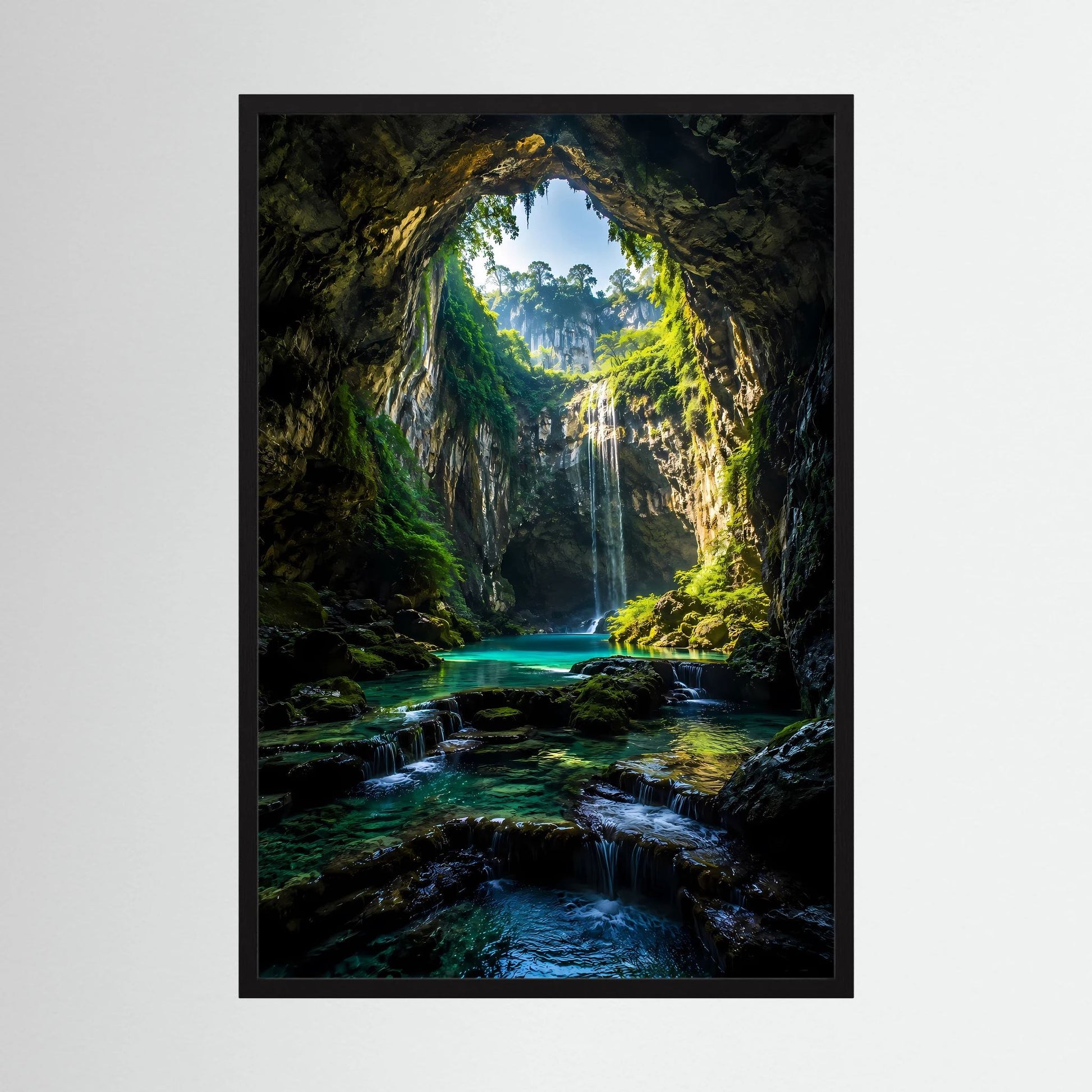 Hochformatiges Kunstposter: tropische Wasserfallhöhle mit türkisfarbenem Bach, schwarzer Rahmen