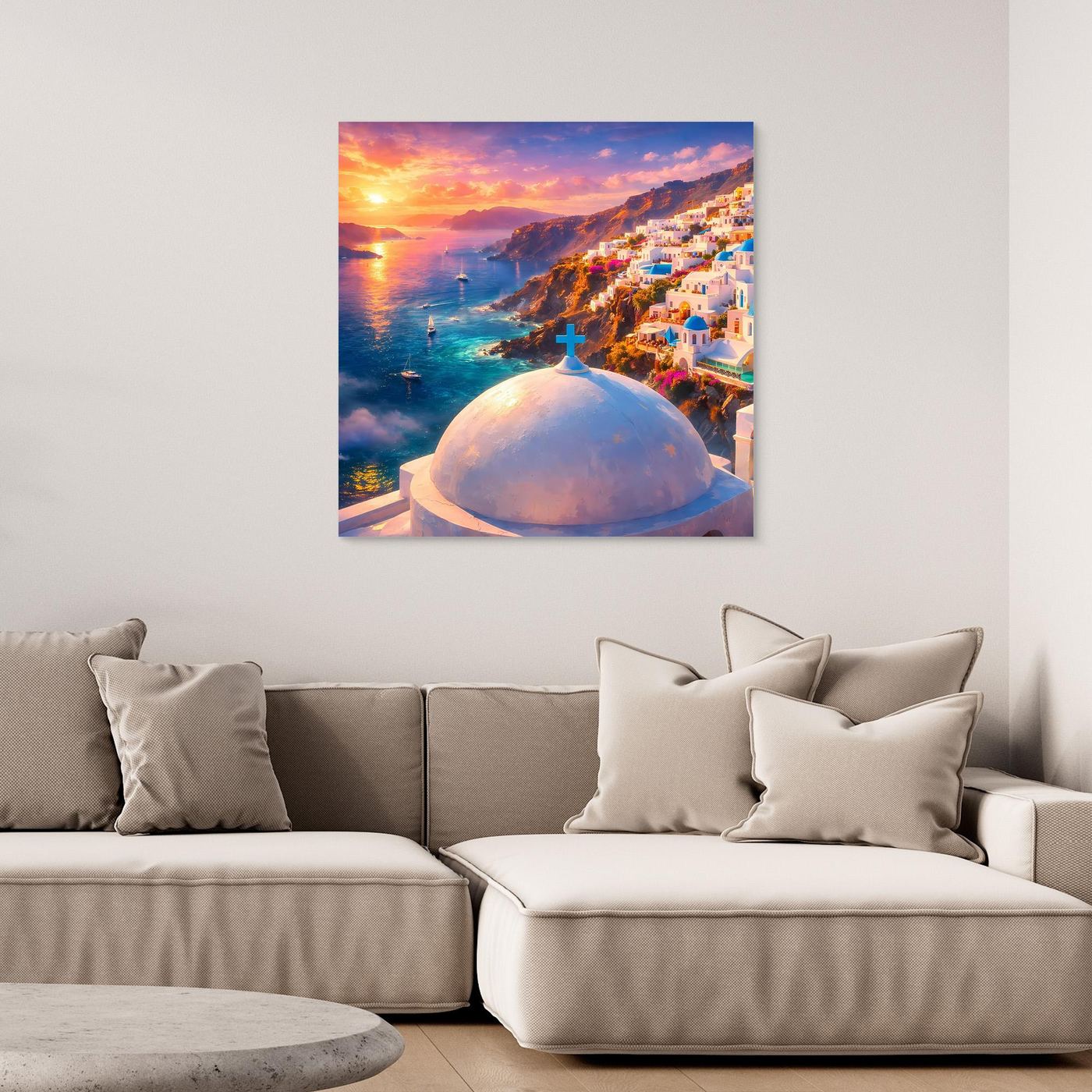 Leinwandbild Traumhaftes Santorini bei Sonnenuntergang | Maritimes Urlaubsflair
