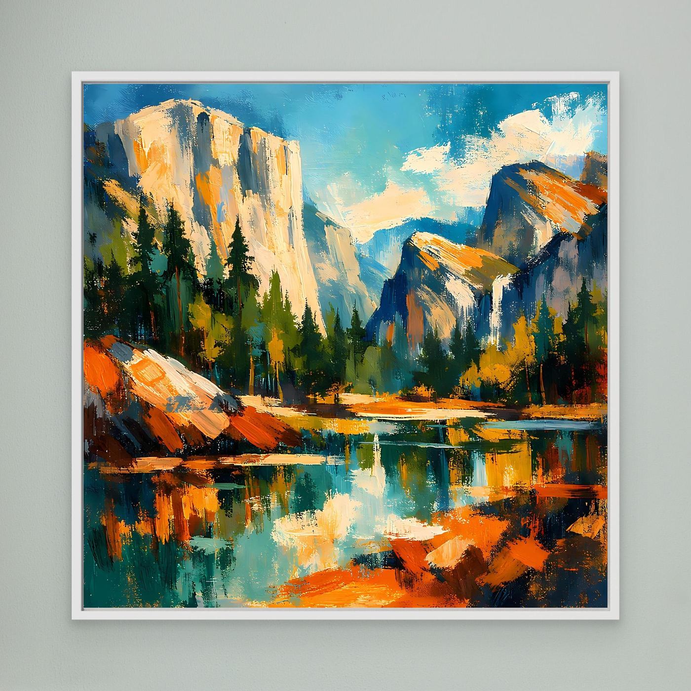 Wandbild auf Leinwand mit abstrakter Berglandschaft und Fluss, weißer Rahmen