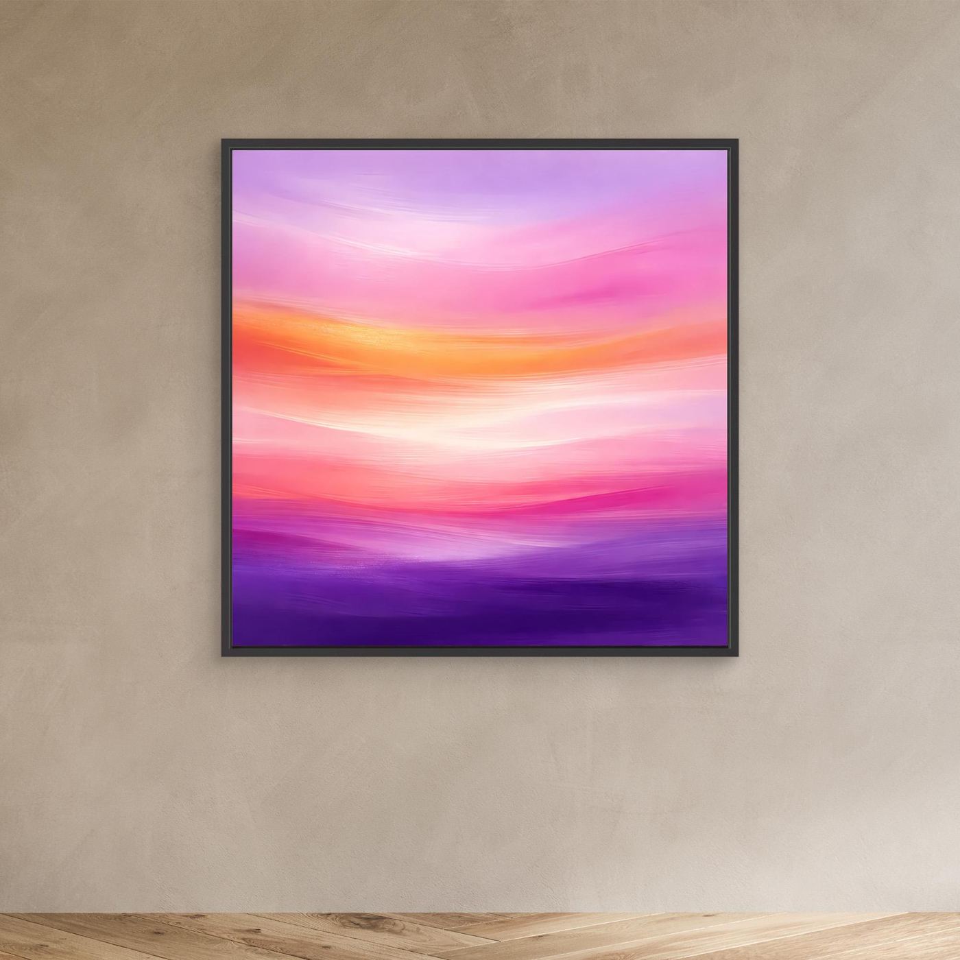 Abstraktes Leinwandbild mit Horizont in Pastell-Abendrot, violett/pink im schwarzen Rahmen