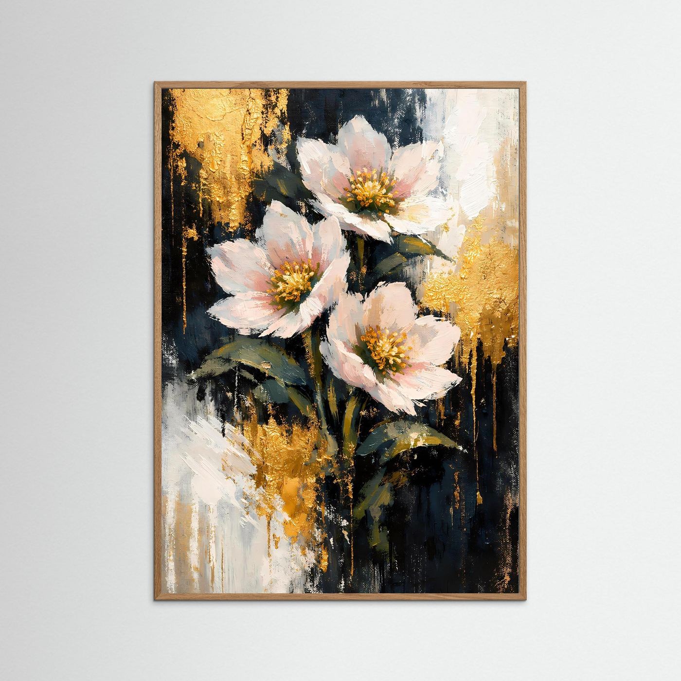 Abstraktes Blumenposter im Hochformat mit rosa Blüten, hellem Holzrahmen