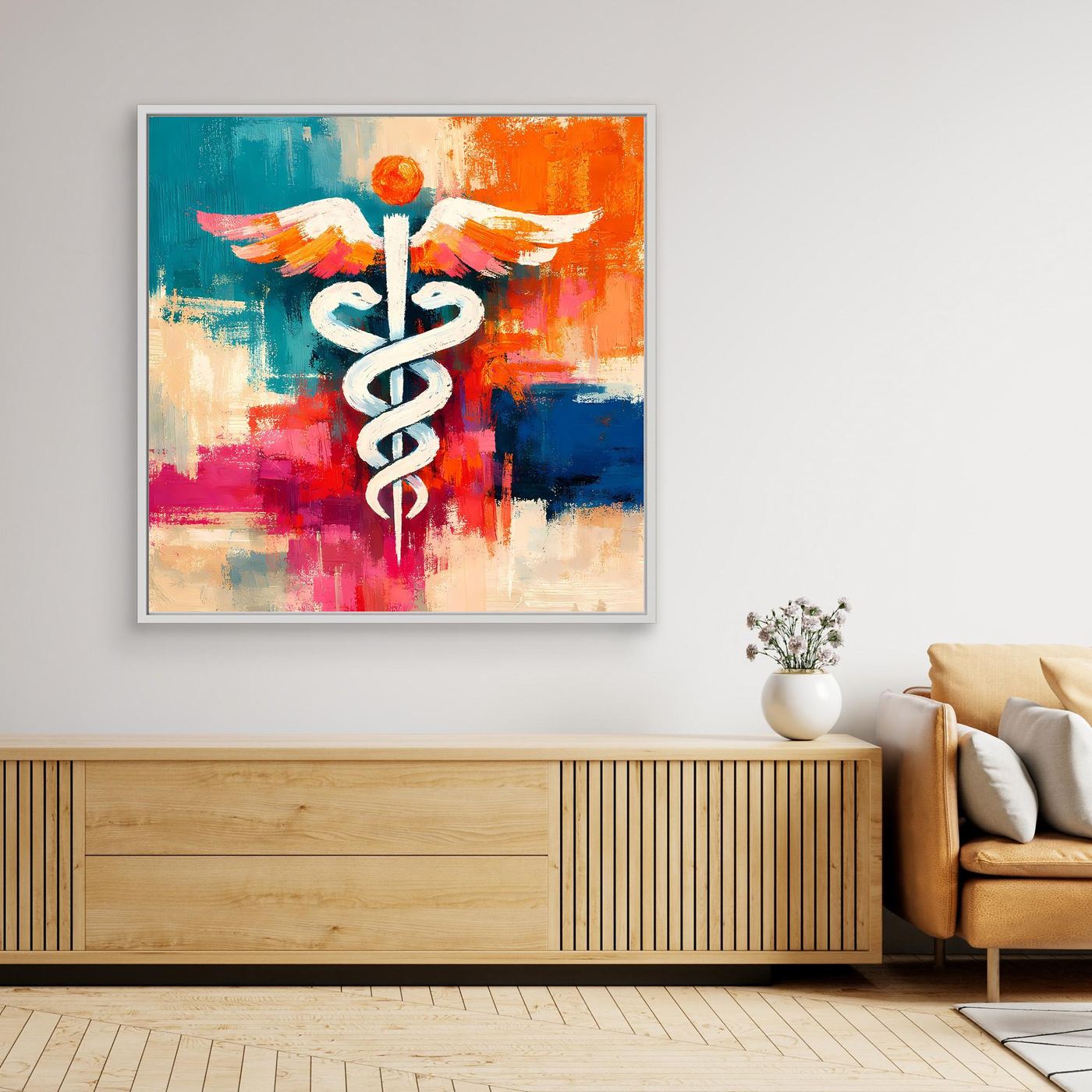 Abstract medical canvas wall art with staff symbol, teal/orange multicolor, gray frame