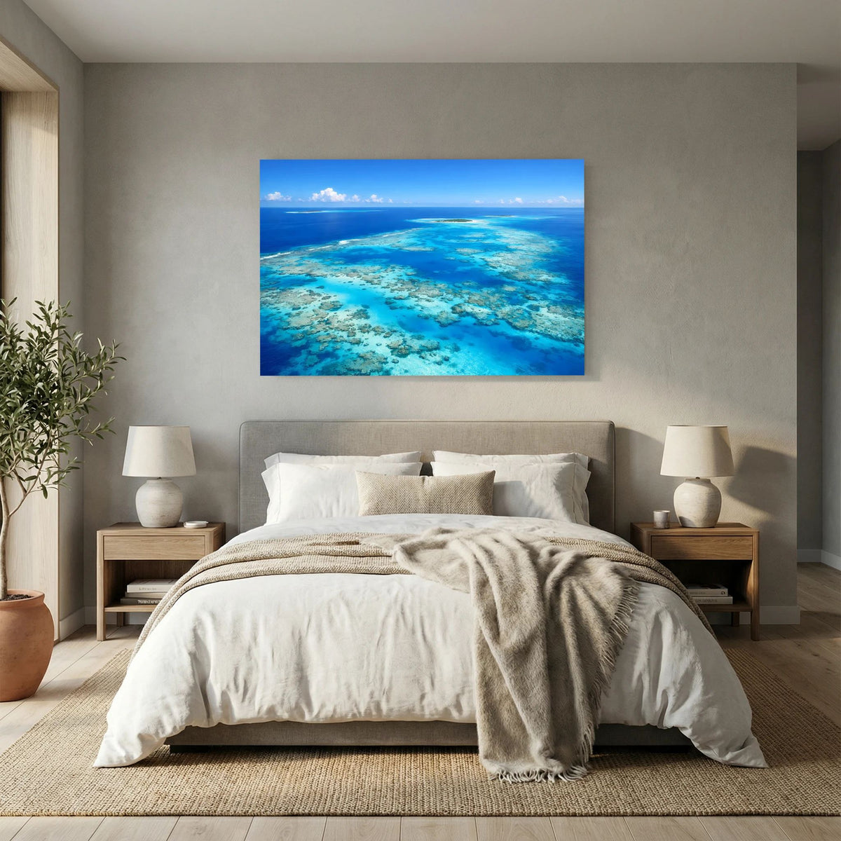 Poster mit Korallenriff im Meer, Vogelperspektive, Querformat