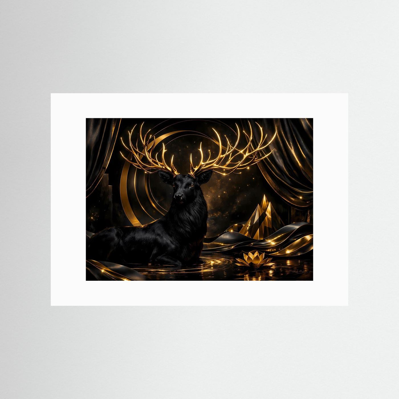 Poster Schwarzer Hirsch mit Goldenem Geweih | Majestätisches Abstraktes Wandbild