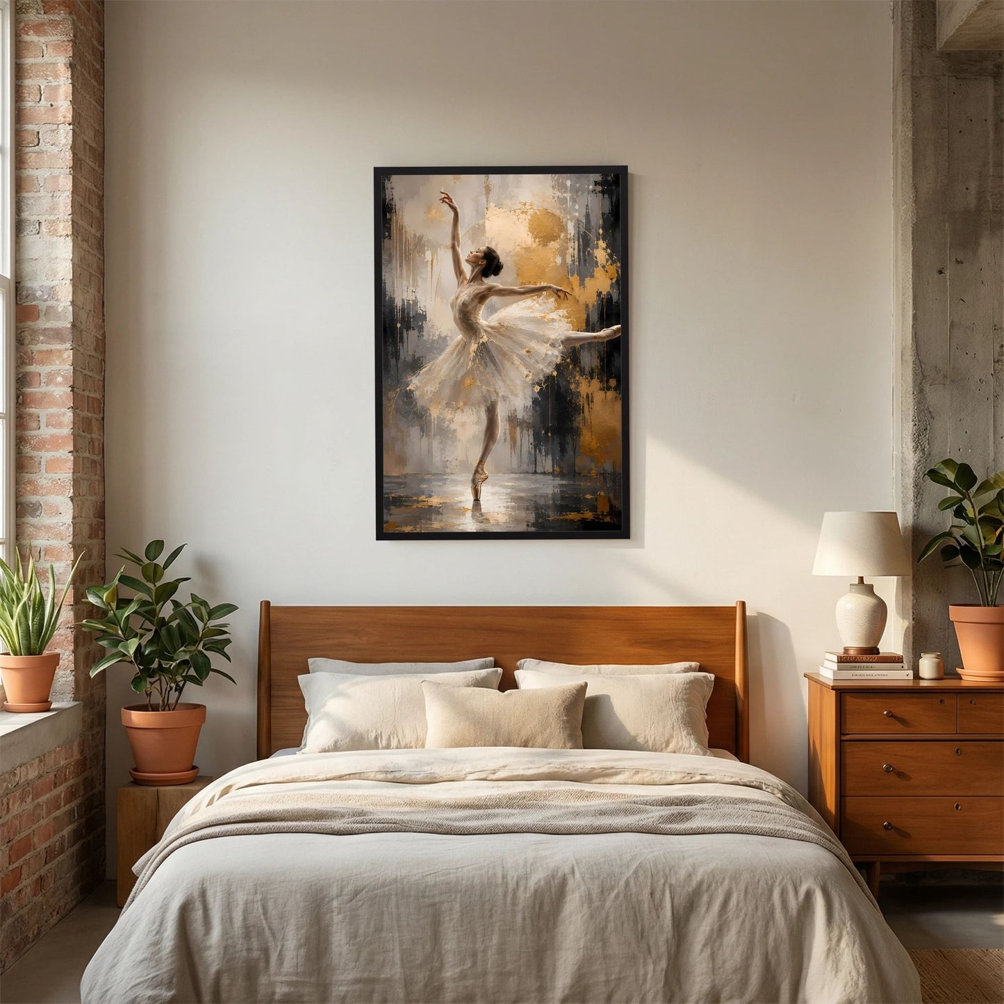 Poster mit abstrakter Ballerina in hellem Creme und goldenen Sprenkeln, schwarzer Rahmen