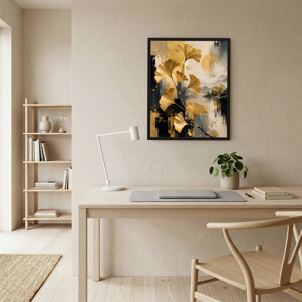 Kunstposter im schwarzen Rahmen, goldene Ginkgo-Blätter in Schwarz-Beige-Abstraktion