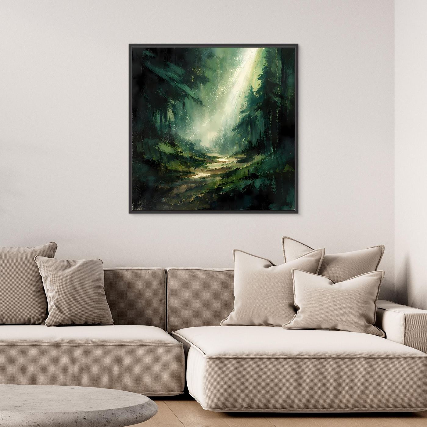 Leinwand Magischer Lichtstrahl im Wald | Abstraktes Tannenwald Wandbild Grün