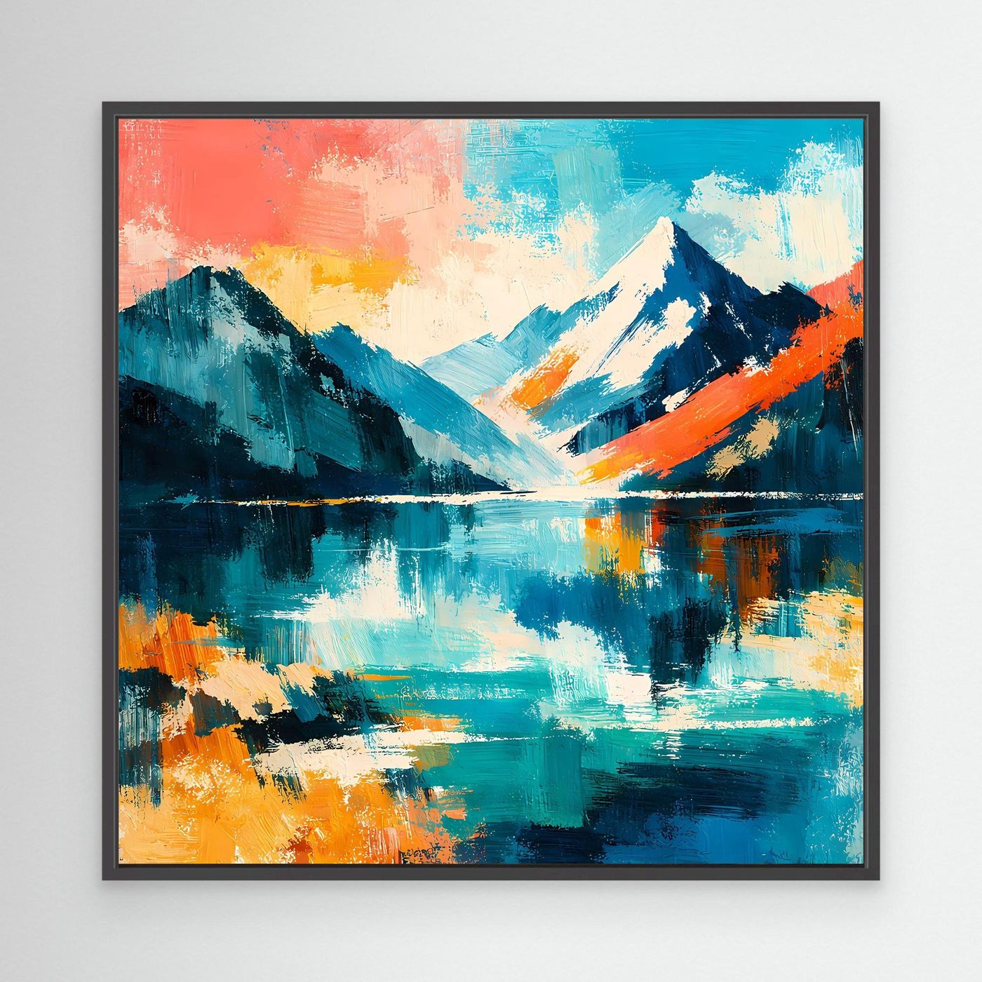 Leinwand-Wandbild mit schwarzem Rahmen, abstrakte Bergwelt am See in kräftigem Blau