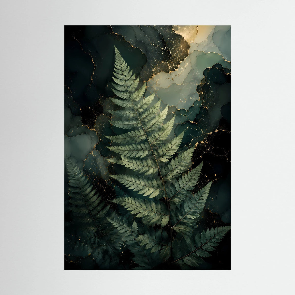 Hochformatiges Kunstposter mit Farnwedel-Motiv in Dunkelgrün und goldenen Akzenten