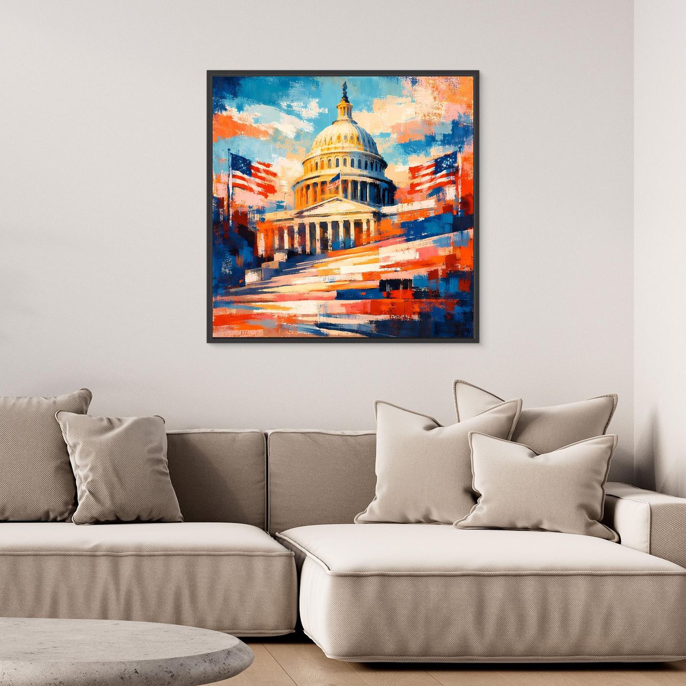 Abstraktes Leinwand-Wandbild mit US-Kapitol-Motiv, breiter dunkler Rahmen
