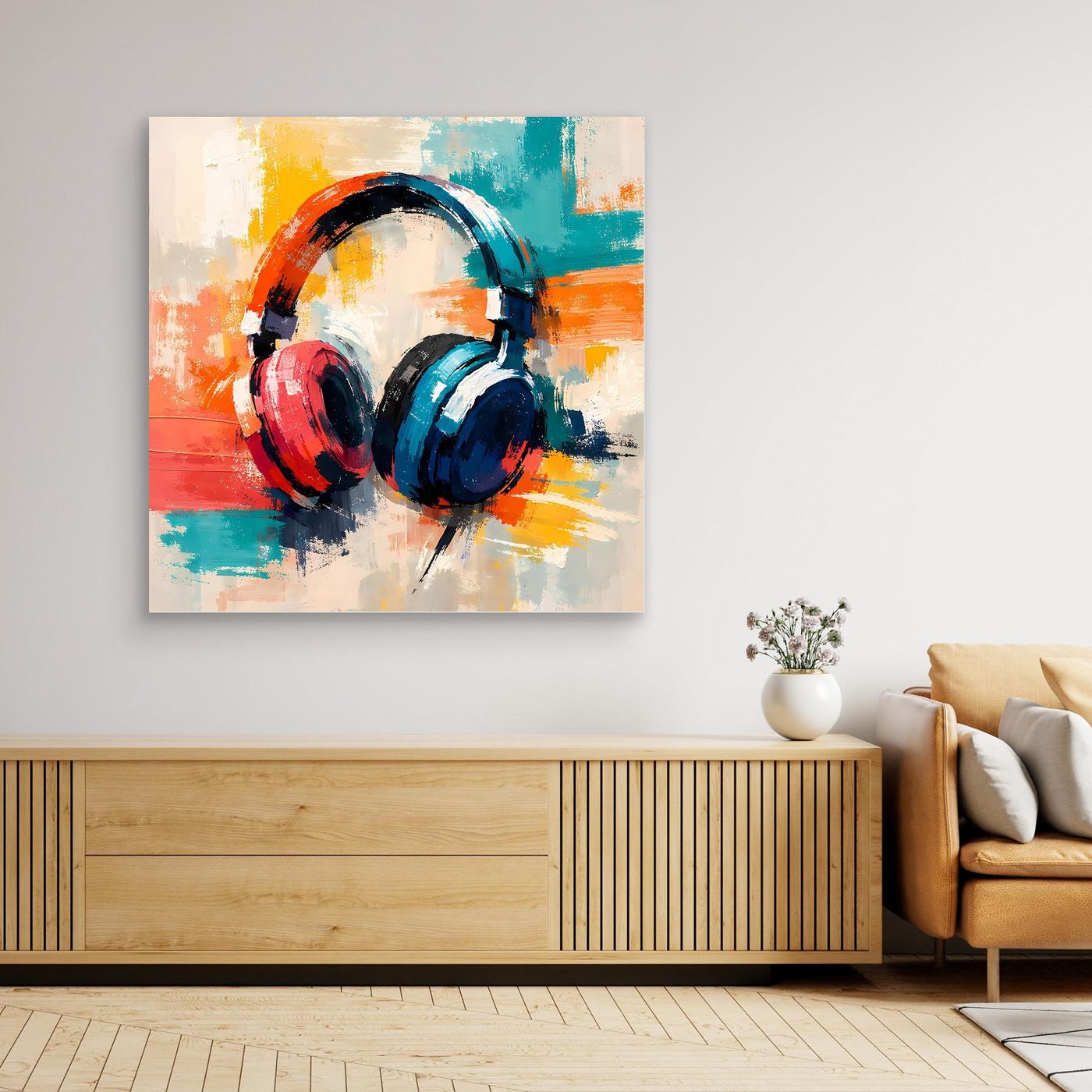 Abstract canvas wall art of DJ headphones in red, blue, and orange paint with splatter