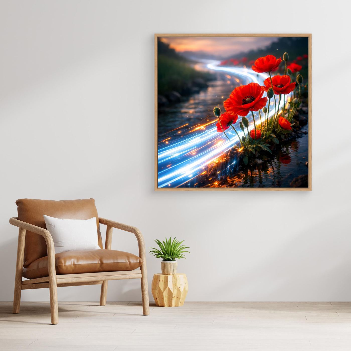Leinwandbild mit roten Mohnblumen und Lichtfluss über Wasser, im Holzrahmen