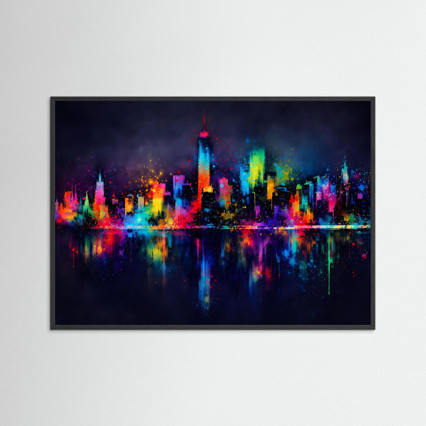 Wandbild mit abstrakter Großstadt-Skyline bei Nacht im schwarzen Rahmen, bunte Farben und Reflexion