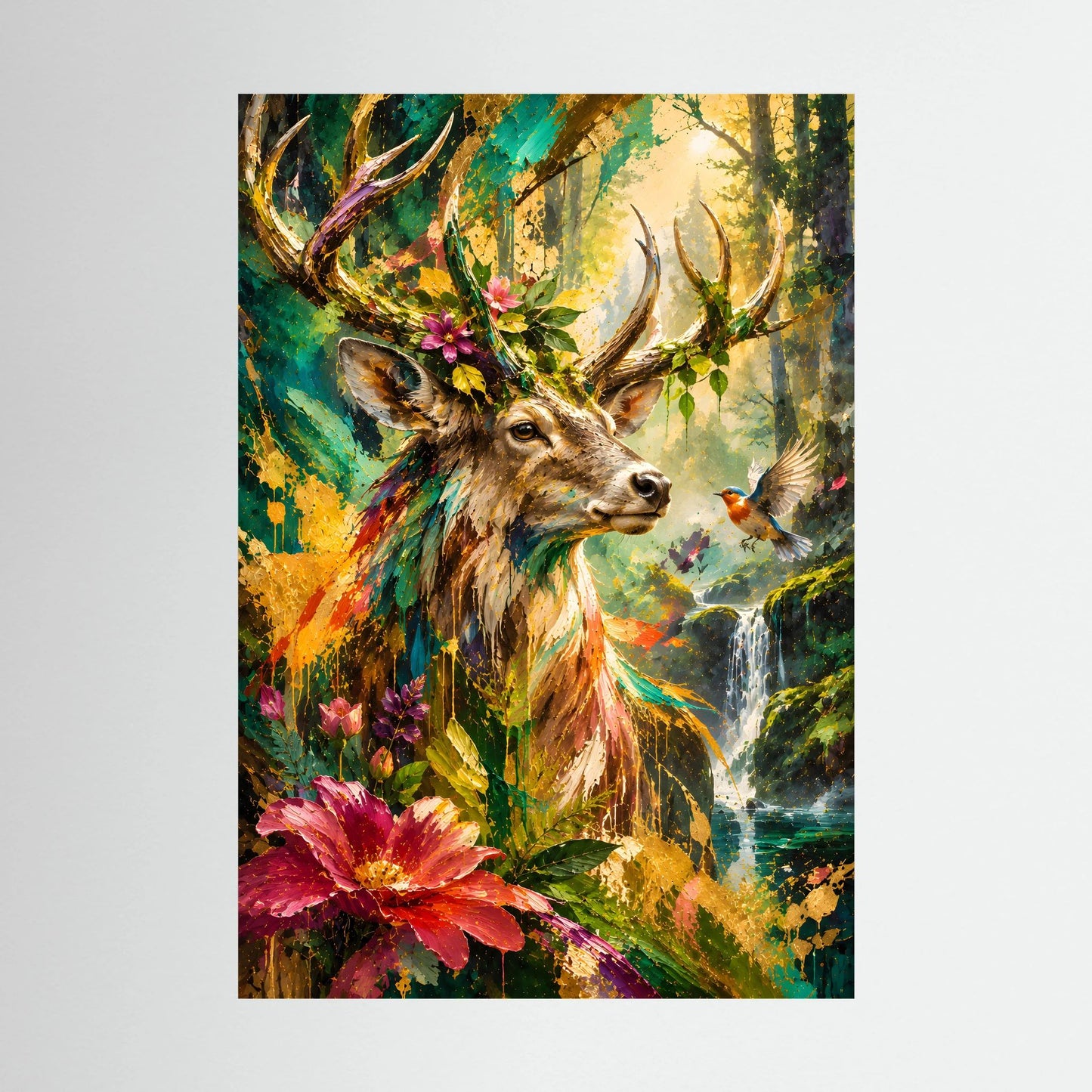Tierposter im Hochformat: Hirsch im farbigen Wald, Blumen und Wasserfallmotiv