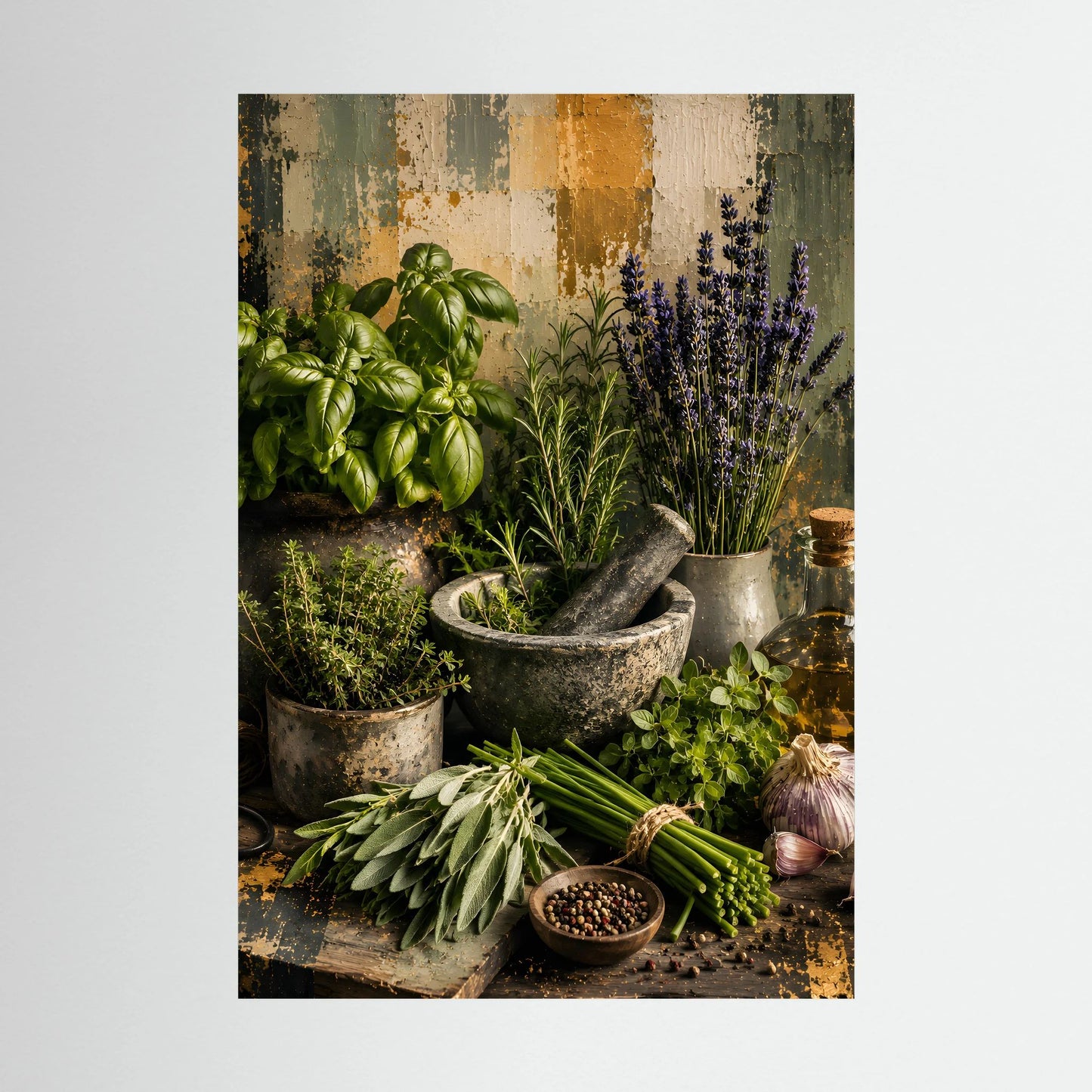 Küchenposter mit Kräuterstillleben: Basilikum, Lavendel und Kräuter in Töpfen