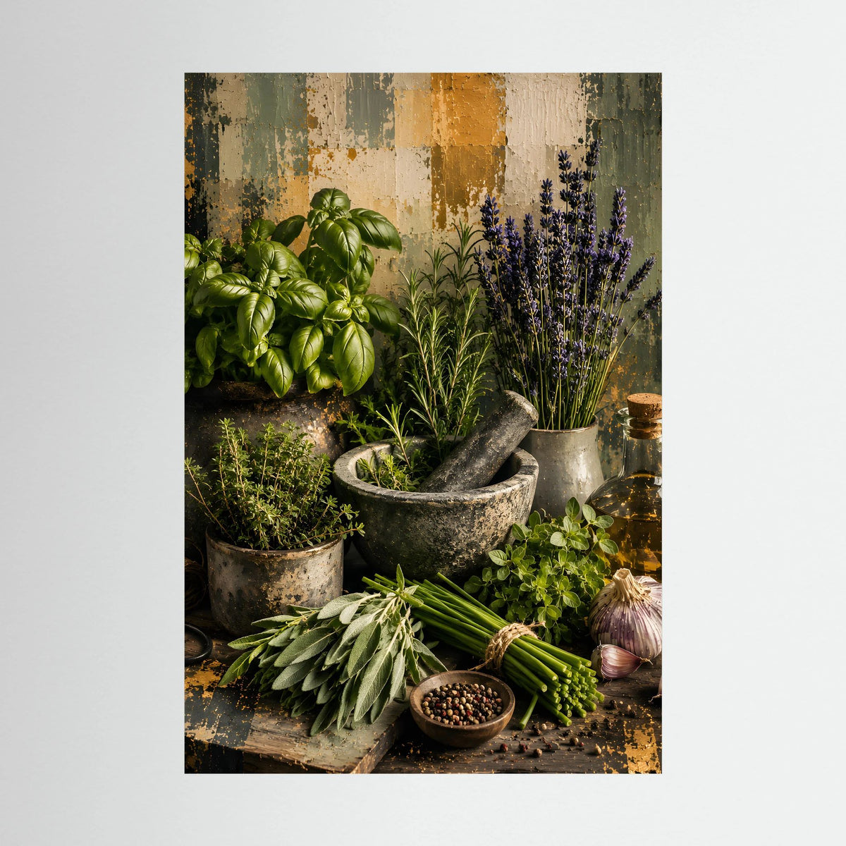 Küchenposter mit Kräuterstillleben: Basilikum, Lavendel und Kräuter in Töpfen