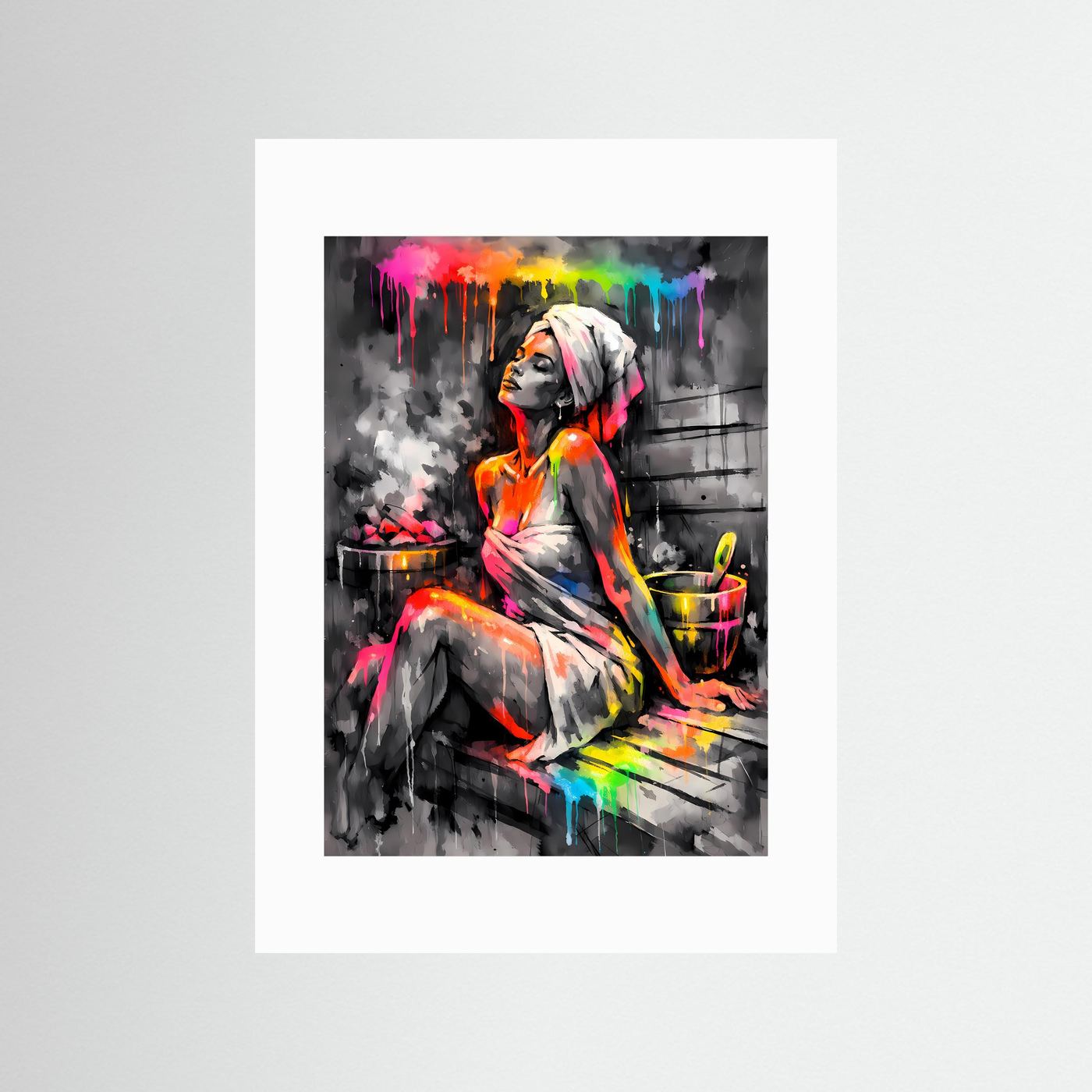 Oase der Entspannung | Modernes Sauna-Poster mit Regenbogen-Farbspritzern | Abstraktes Kunstposter Hochformat
