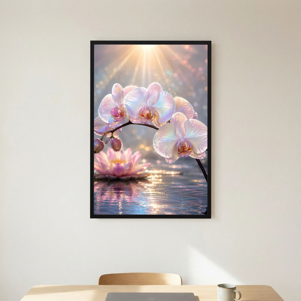 Blumenposter im Hochformat mit weißen Orchideen und Lotusblüte, schwarzer Rahmen