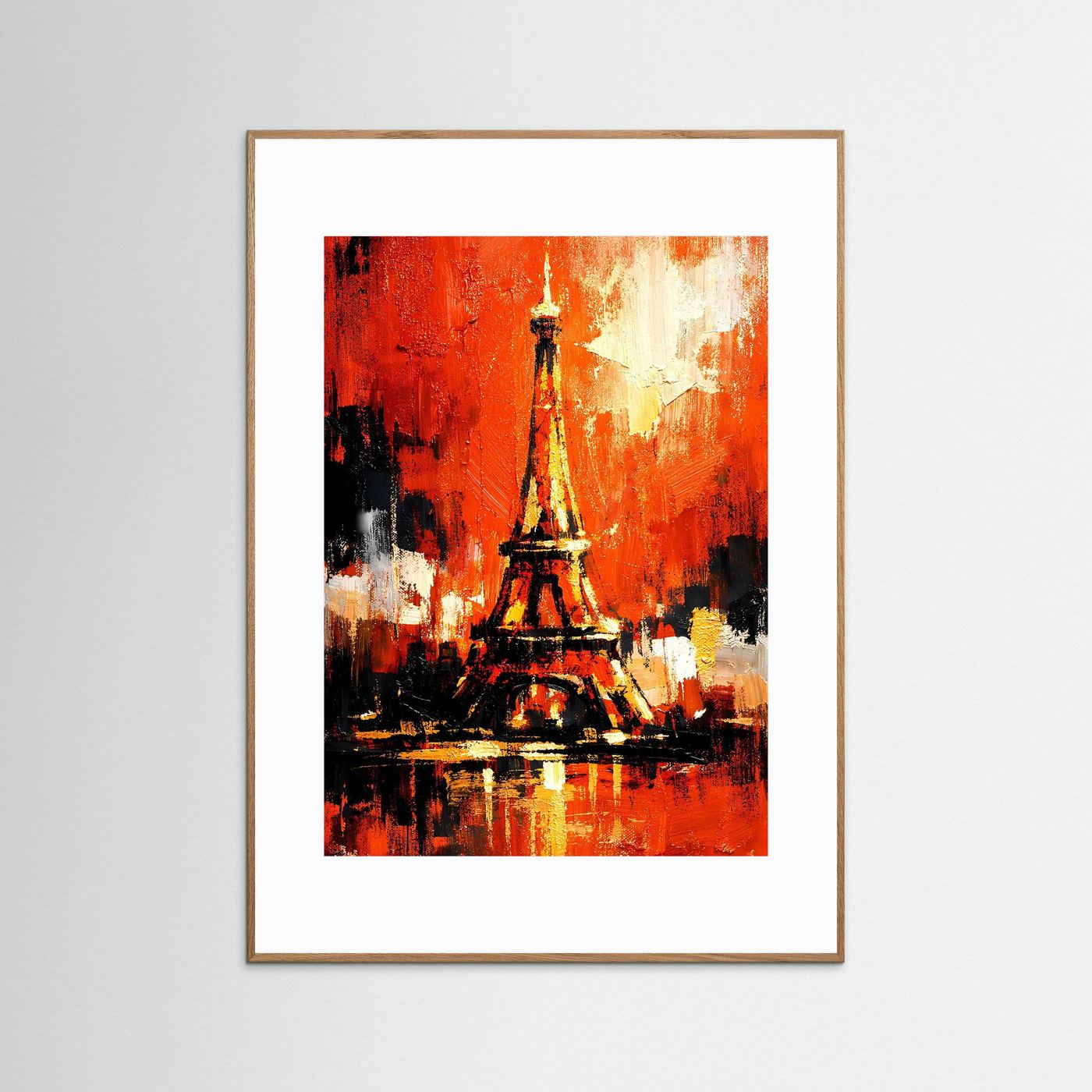 Kunstposter Eiffelturm abstrakt: terrakotta und Gold, hellbrauner Holzrahmen