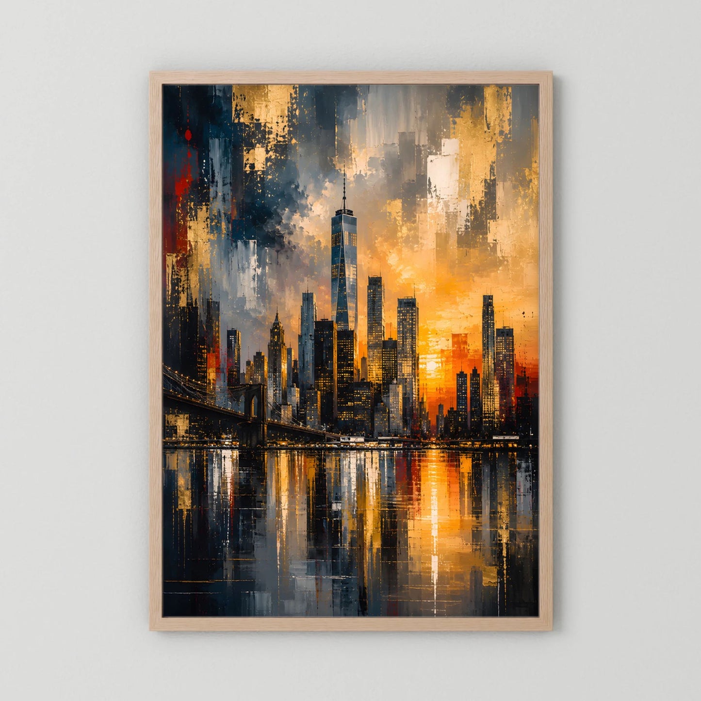 Poster im hellbraunen Holzrahmen mit abstrakter Skyline, Gold und Schwarz