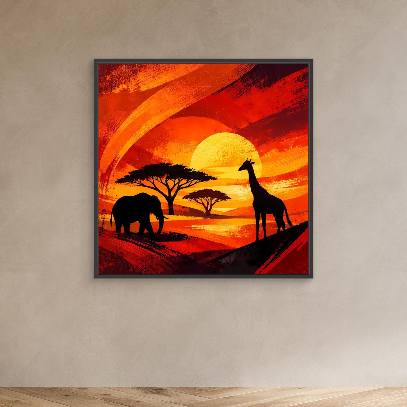 Gerahmtes Leinwandbild im schwarzem Rahmen: Elefant- und Giraffensilhouetten, orange Sonnenuntergang