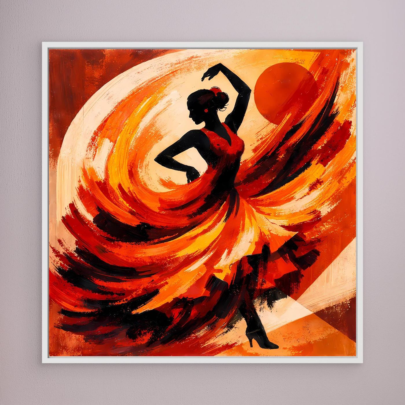 Gerahmtes Leinwandbild mit Flamencotänzerin in Rot-Orange, schwarze Figur vor Pinselwirbeln