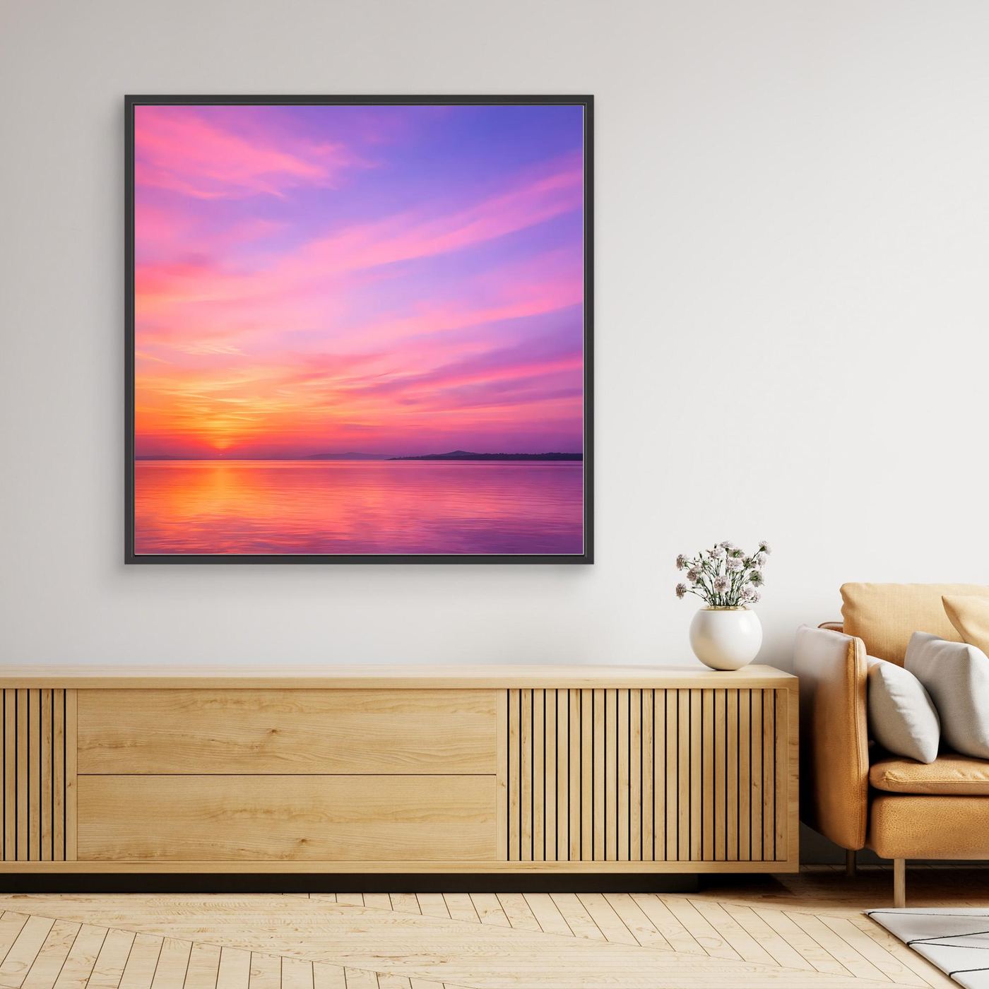 Leinwandbild Sonnenuntergang in Pastellfarben mit schwarzem Rahmen