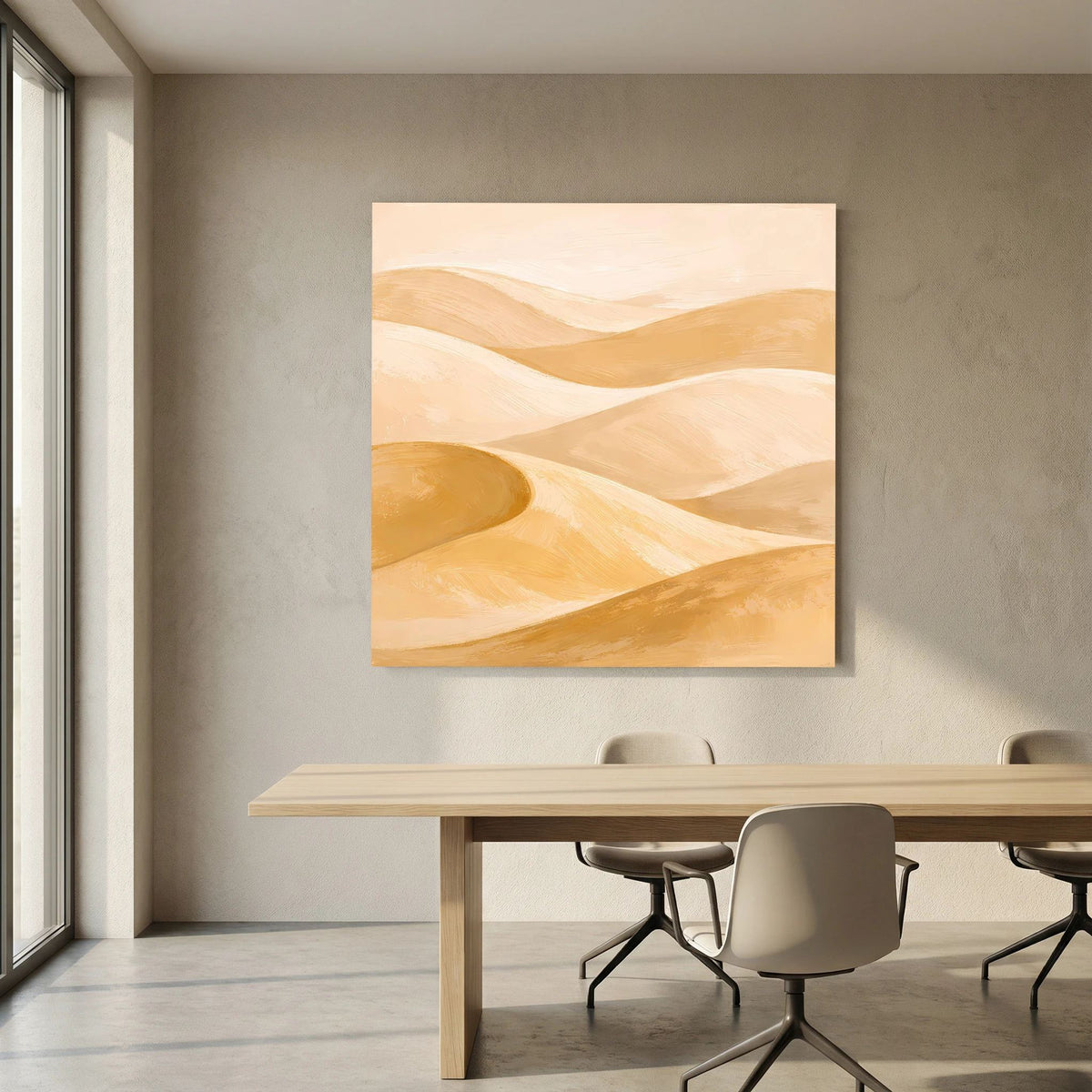Quadratisches Leinwand-Wandbild mit Dünenmustern in Beige und Ocker, klare Motivlinien