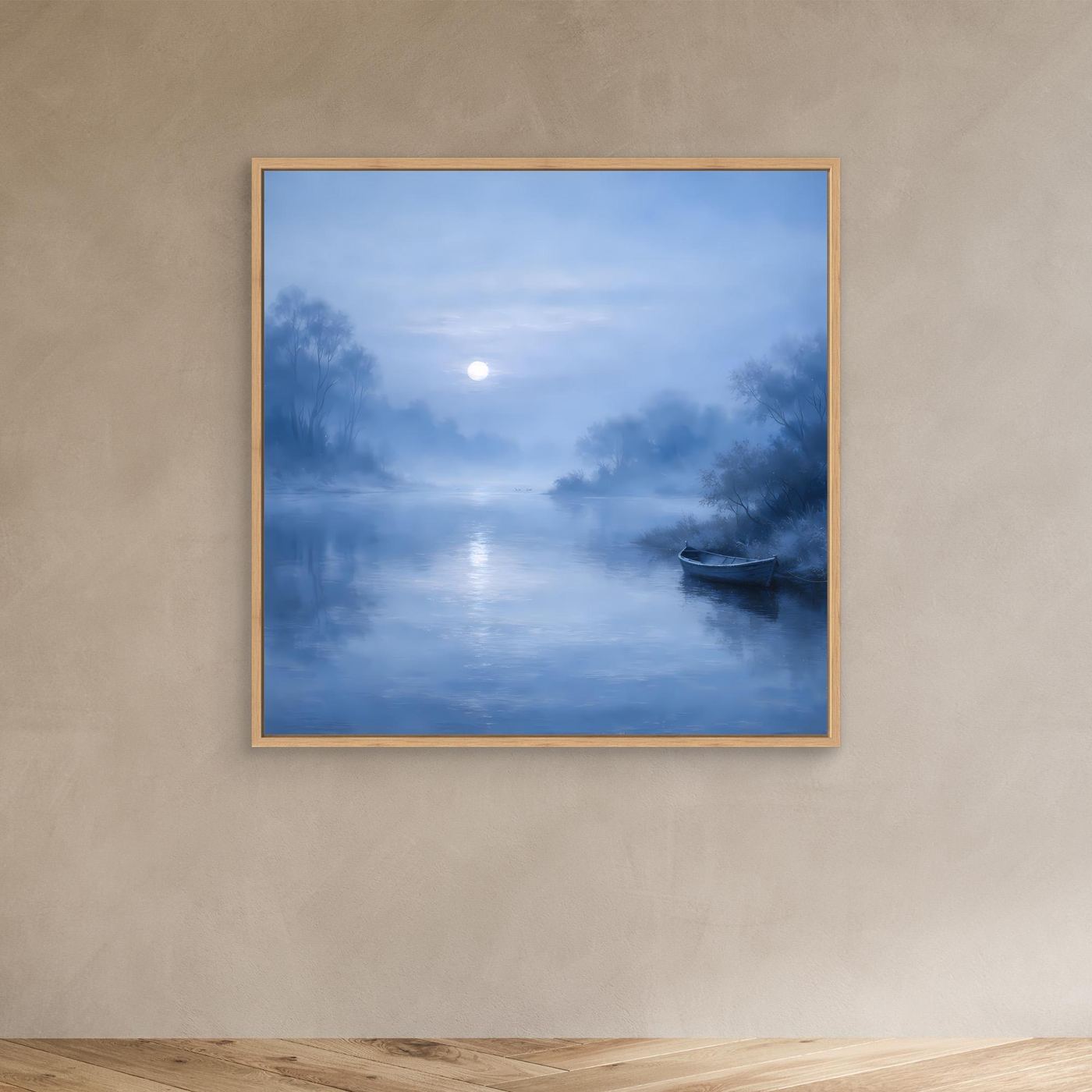 Wandbild mit blauem Fluss bei Mondlicht, Nebel und Boot; Rahmen aus hellem Holz